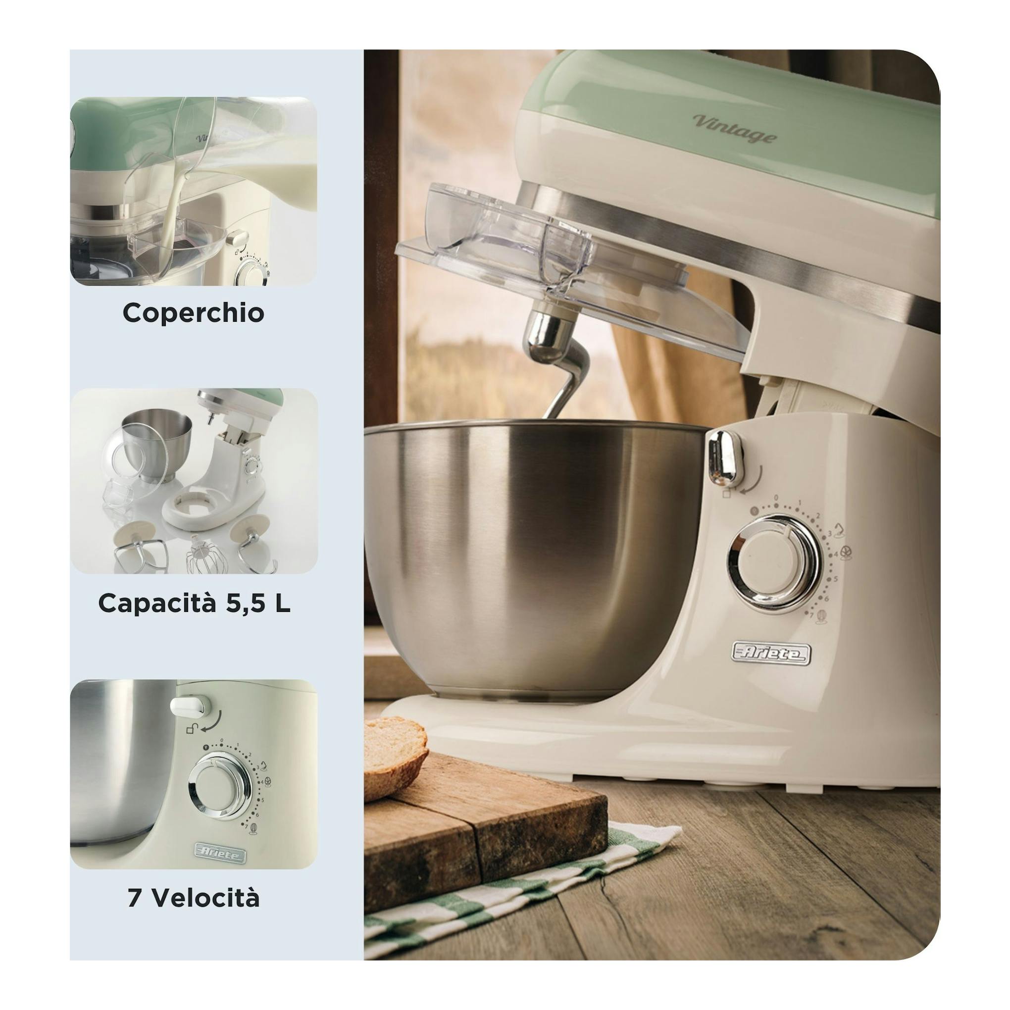 Robot amasador Ariete Vintage 1588/04 verde y crema, vista lateral con bol de acero.