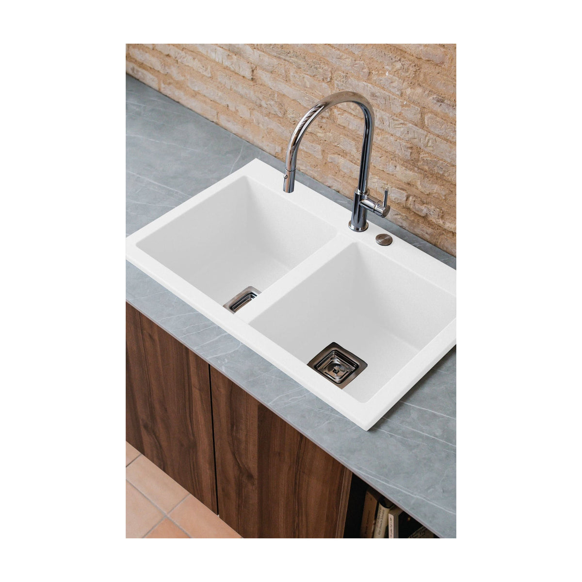 Fregadero Poalgi Kobus 824 de granito Hekla, 2 cubetas, blanco Snow