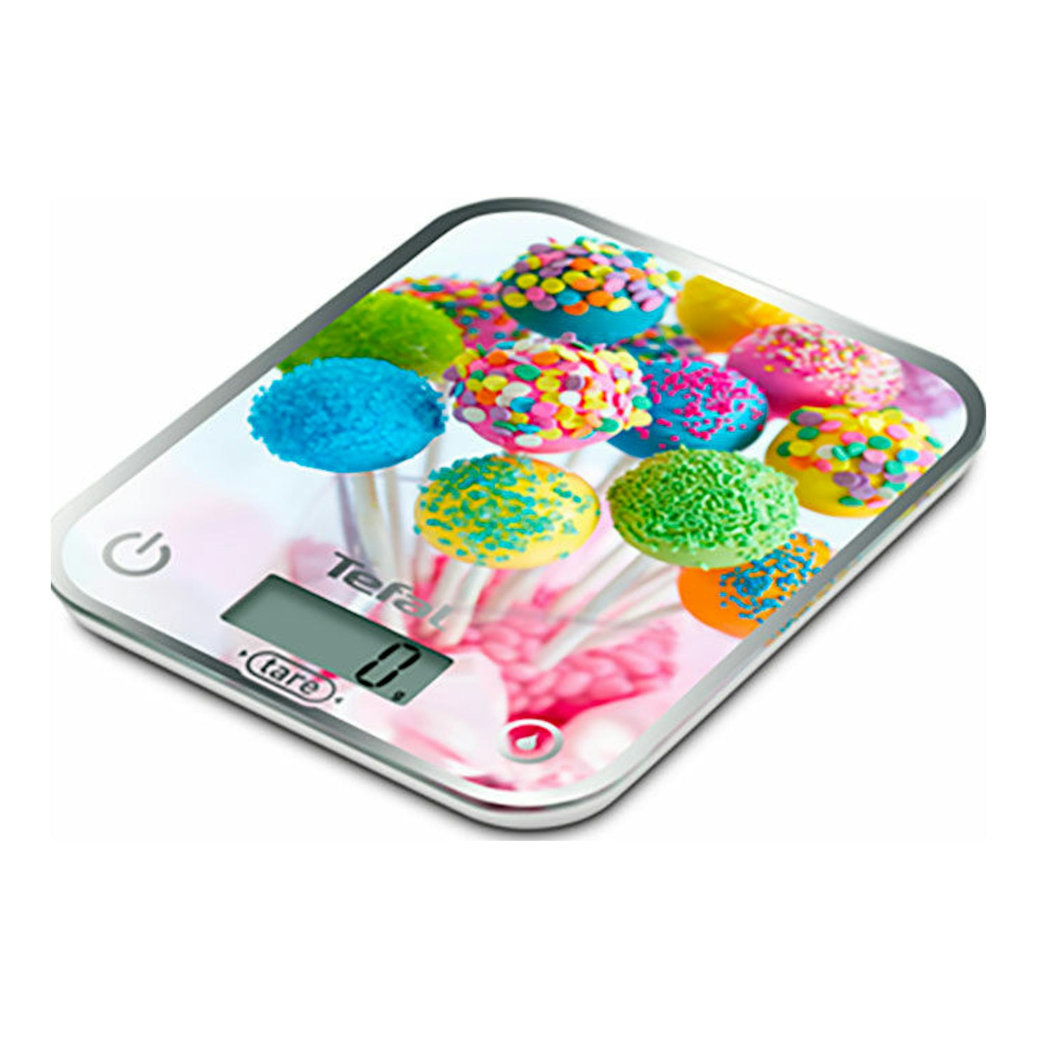 Balanza de cocina Tefal BC5121V0/1, vista en ángulo, con diseño de cake pops y pantalla digital.