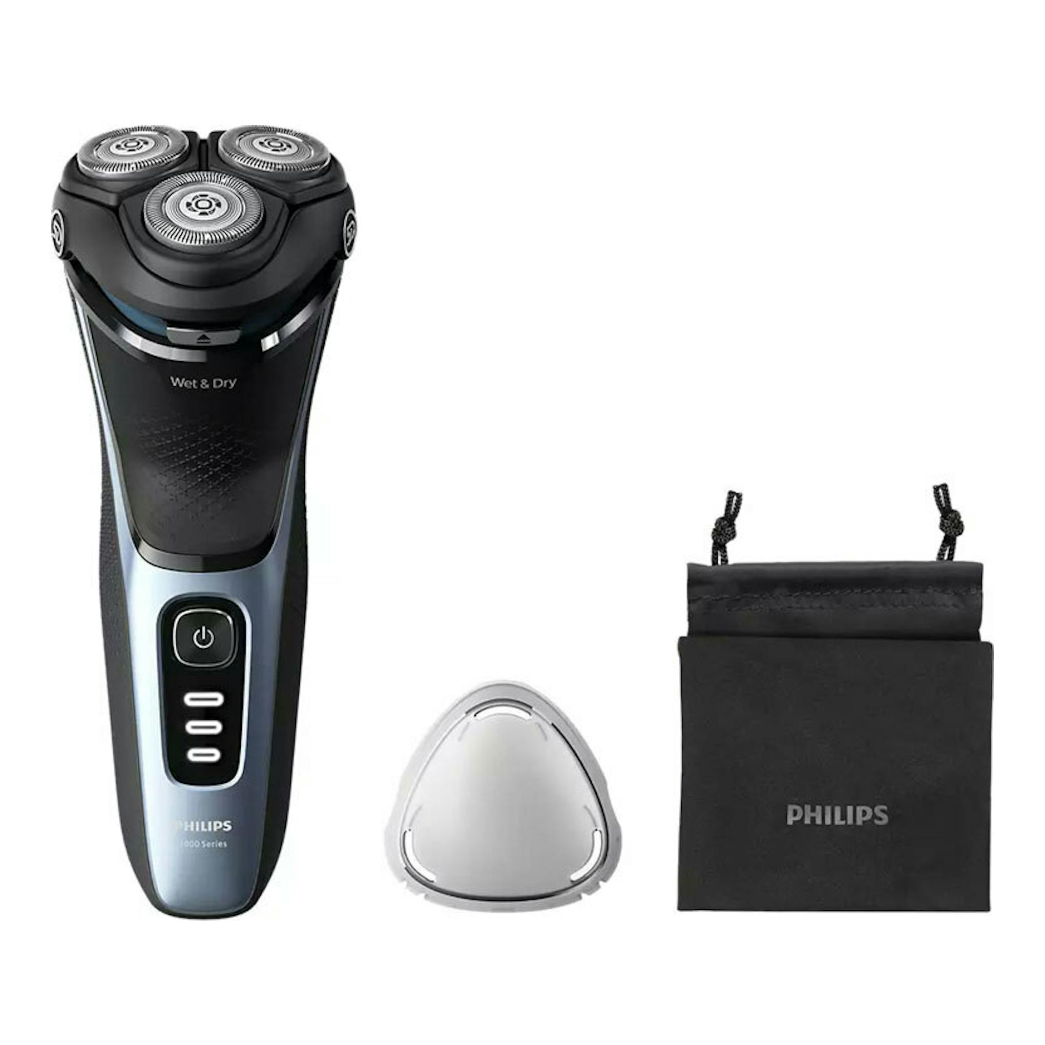 Afeitadora Philips S3243/12 negra y plateada, vista frontal, con cabezal accesorio y funda.