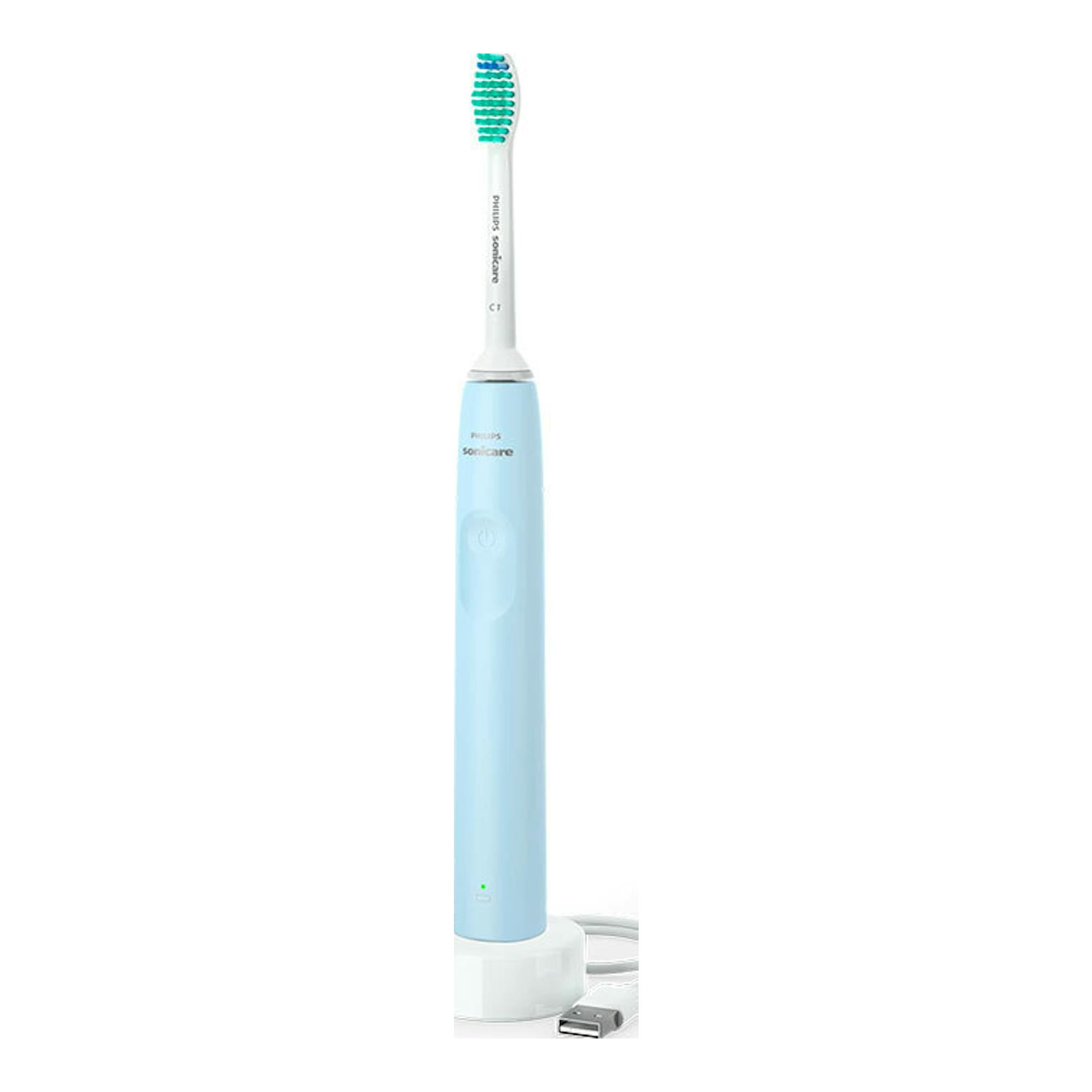 Cepillo dental eléctrico Philips Sonicare HX3651/12 azul claro, vista frontal con base y cable de carga