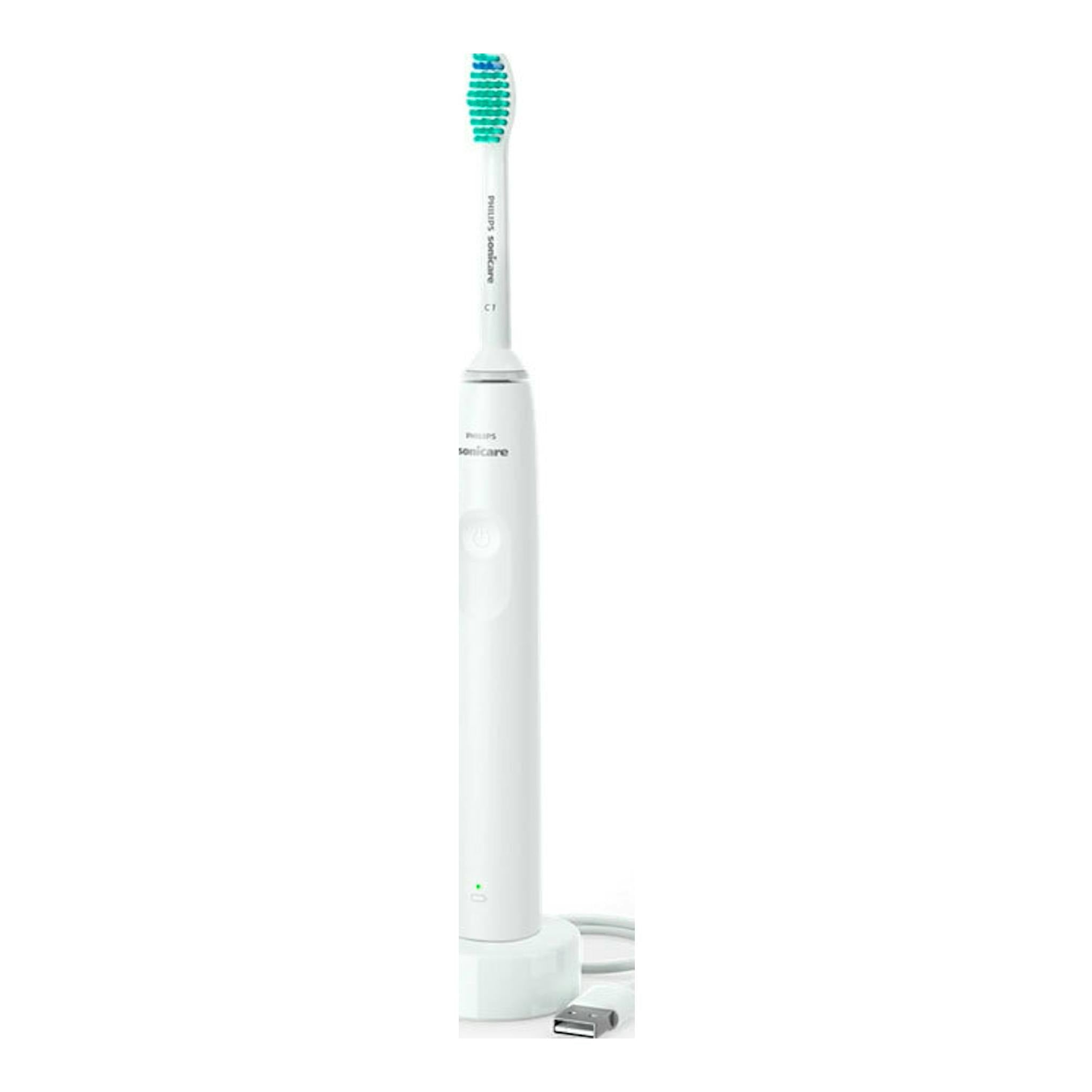 Cepillo dental eléctrico Philips Sonicare HX3651/13 blanco, con base de carga y cable USB, vista frontal.