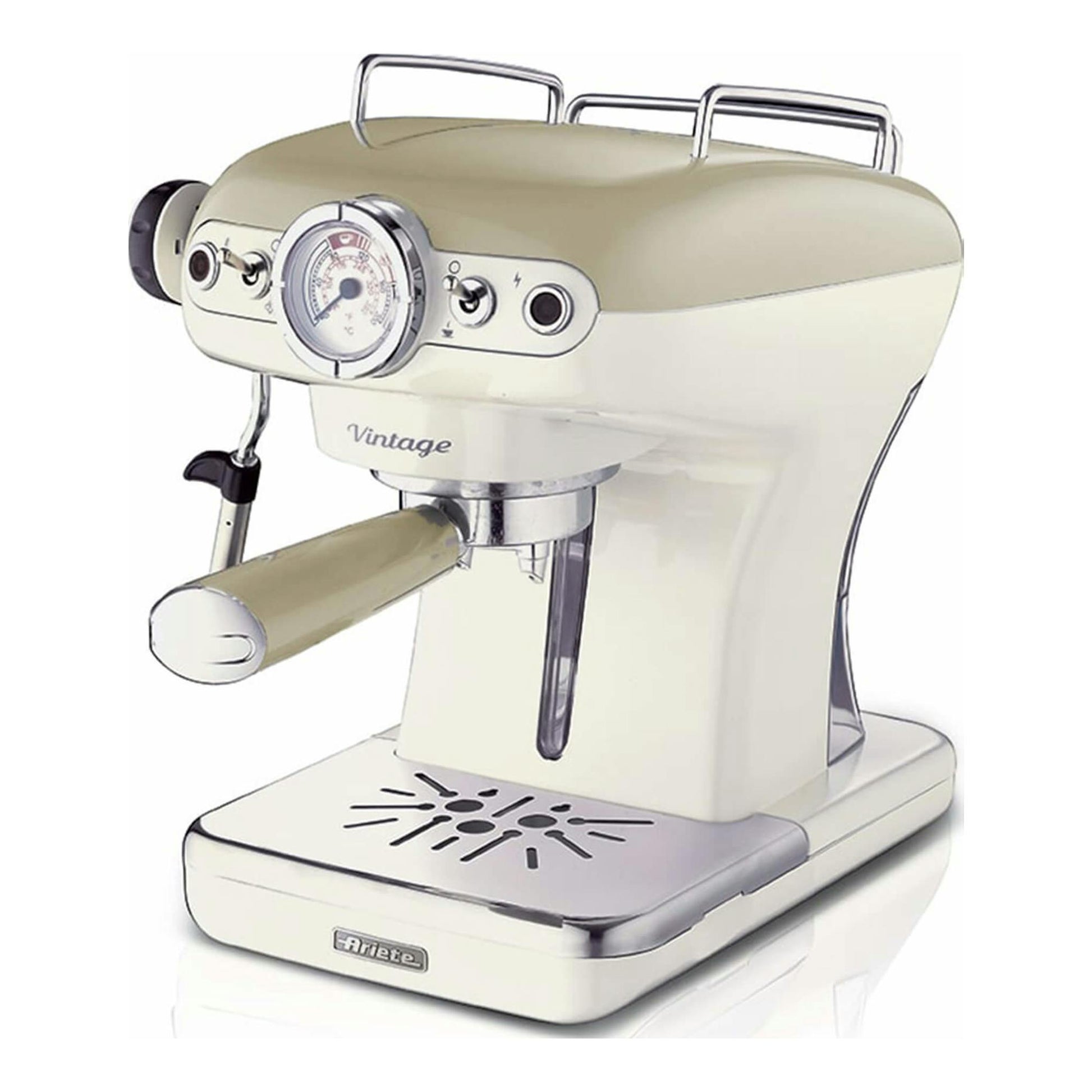 Cafetera espresso Ariete Vintage 1389/13 beige, vista frontal en tres cuartos, con portafiltro.
