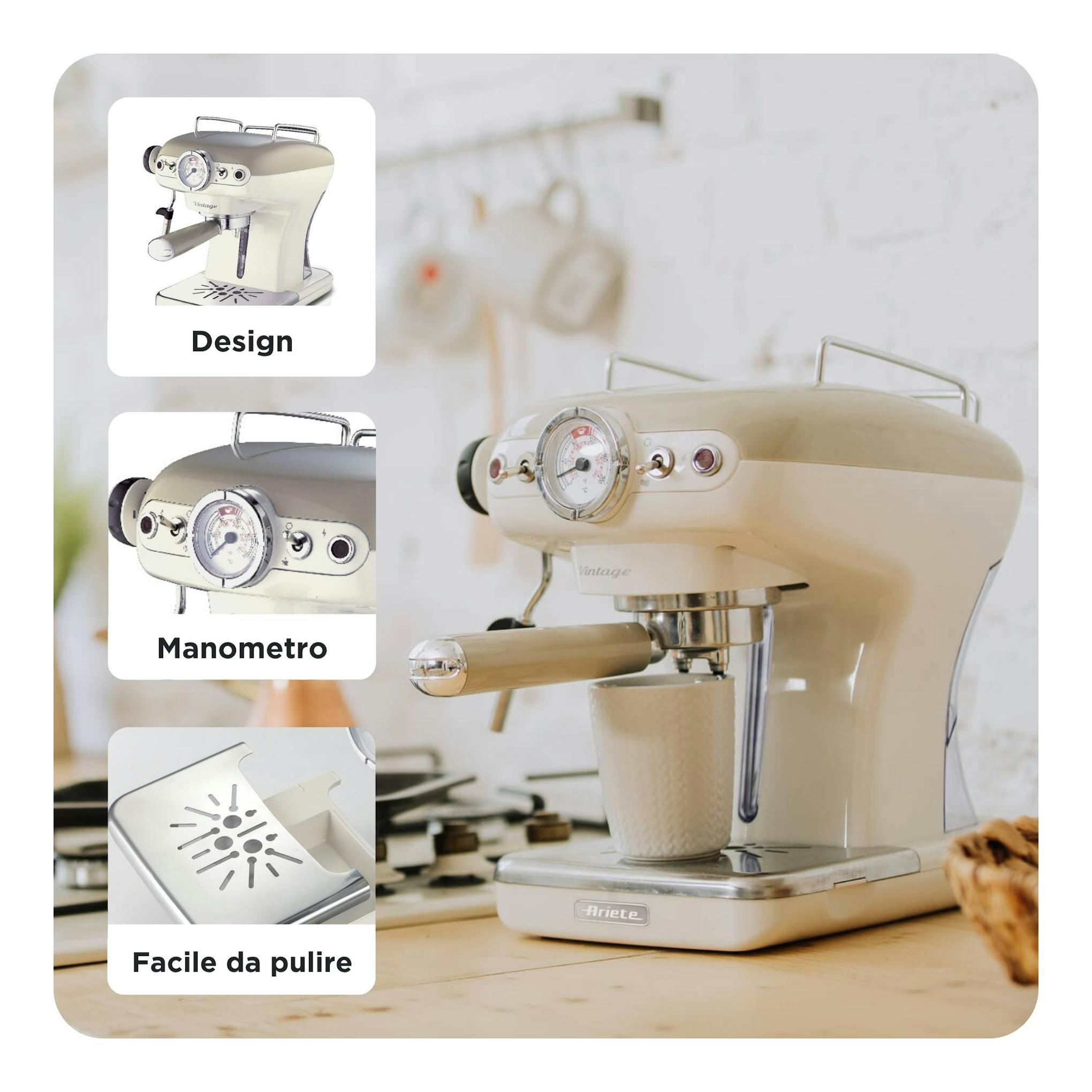 Cafetera espresso Ariete Vintage 1389/13 beige, vista frontal lateral, con taza bajo el portafiltro.
