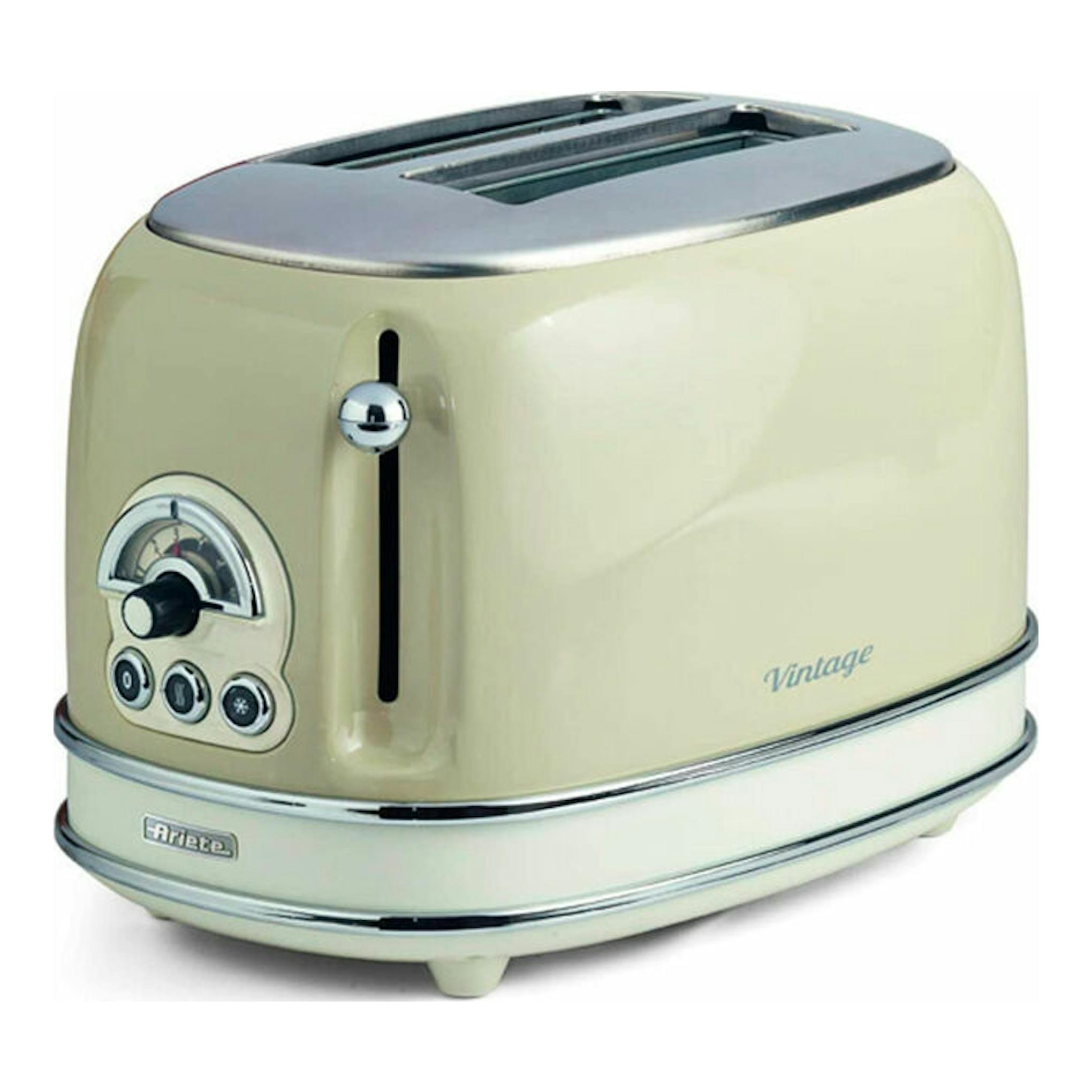 Tostador Ariete Vintage 155/13 beige de 2 ranuras, vista frontal en ángulo, con controles cromados.