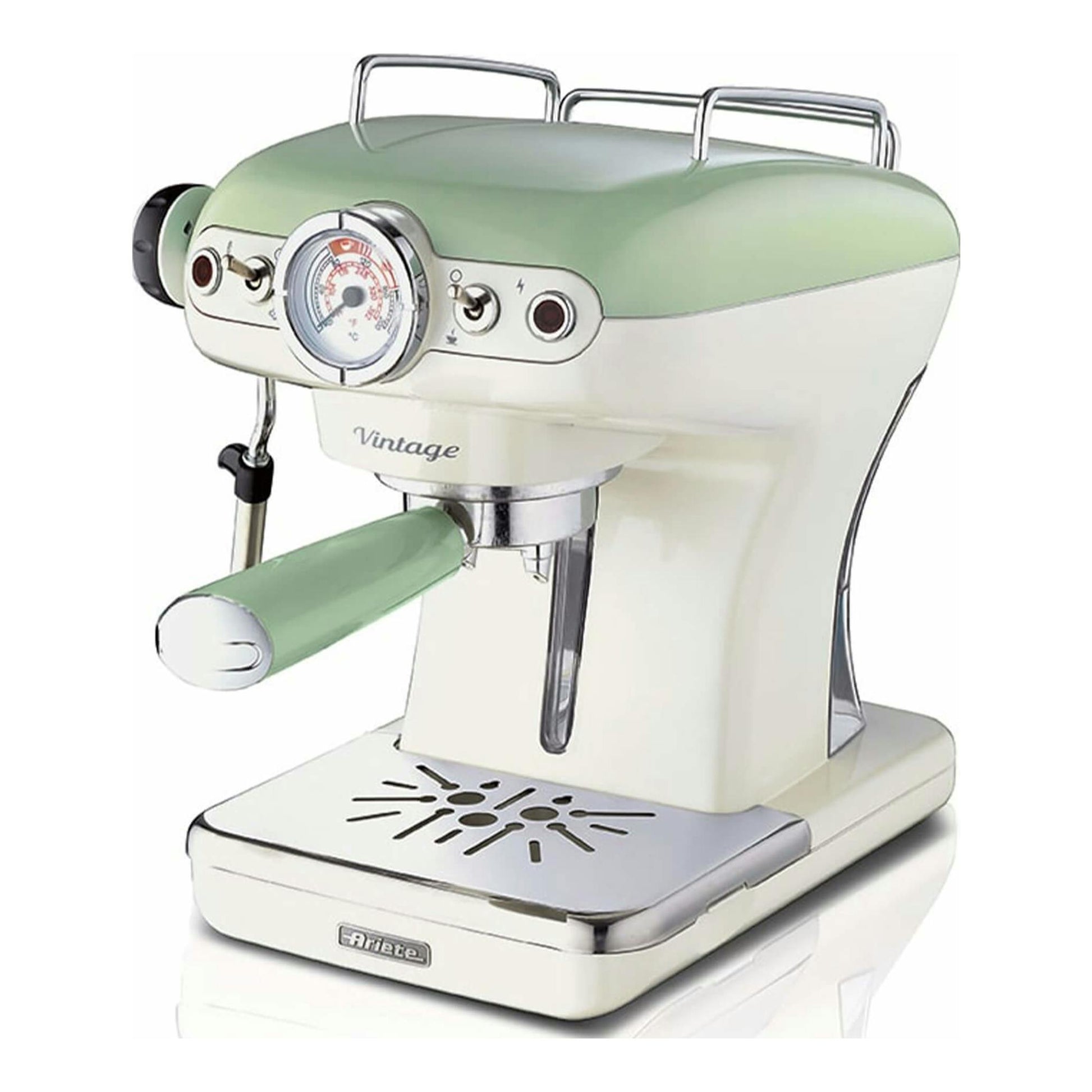 Cafetera espresso Ariete Vintage 1389/14 verde y crema, vista frontal en tres cuartos, con portafiltro y manómetro.