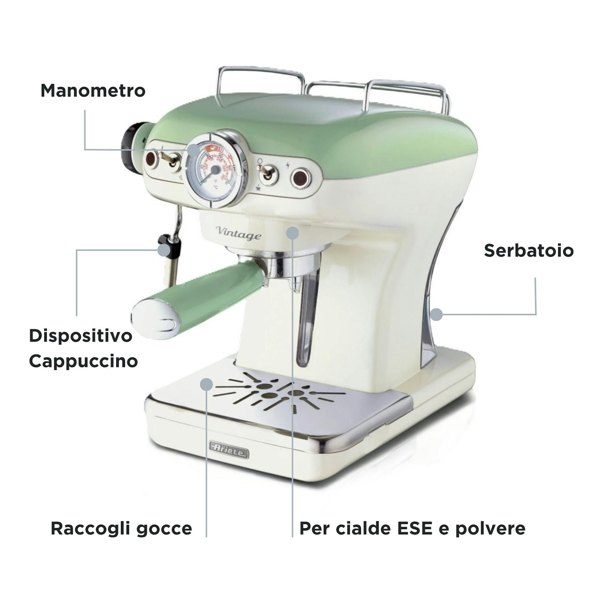 Cafetera espresso Ariete Vintage verde y blanca, vista frontal en tres cuartos, con manómetro y vaporizador.