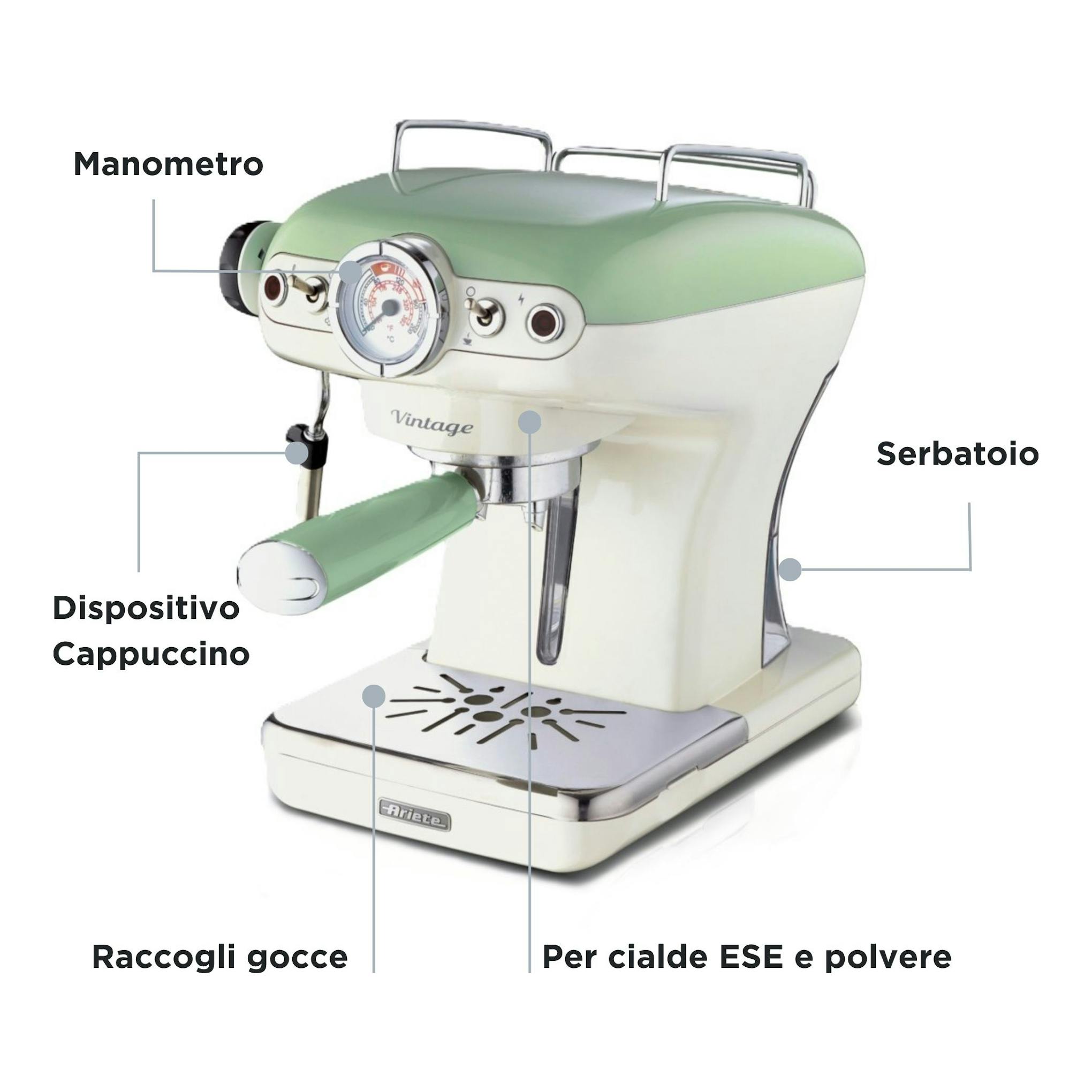 Cafetera espresso Ariete Vintage verde y blanca, vista frontal en tres cuartos, con manómetro y vaporizador.