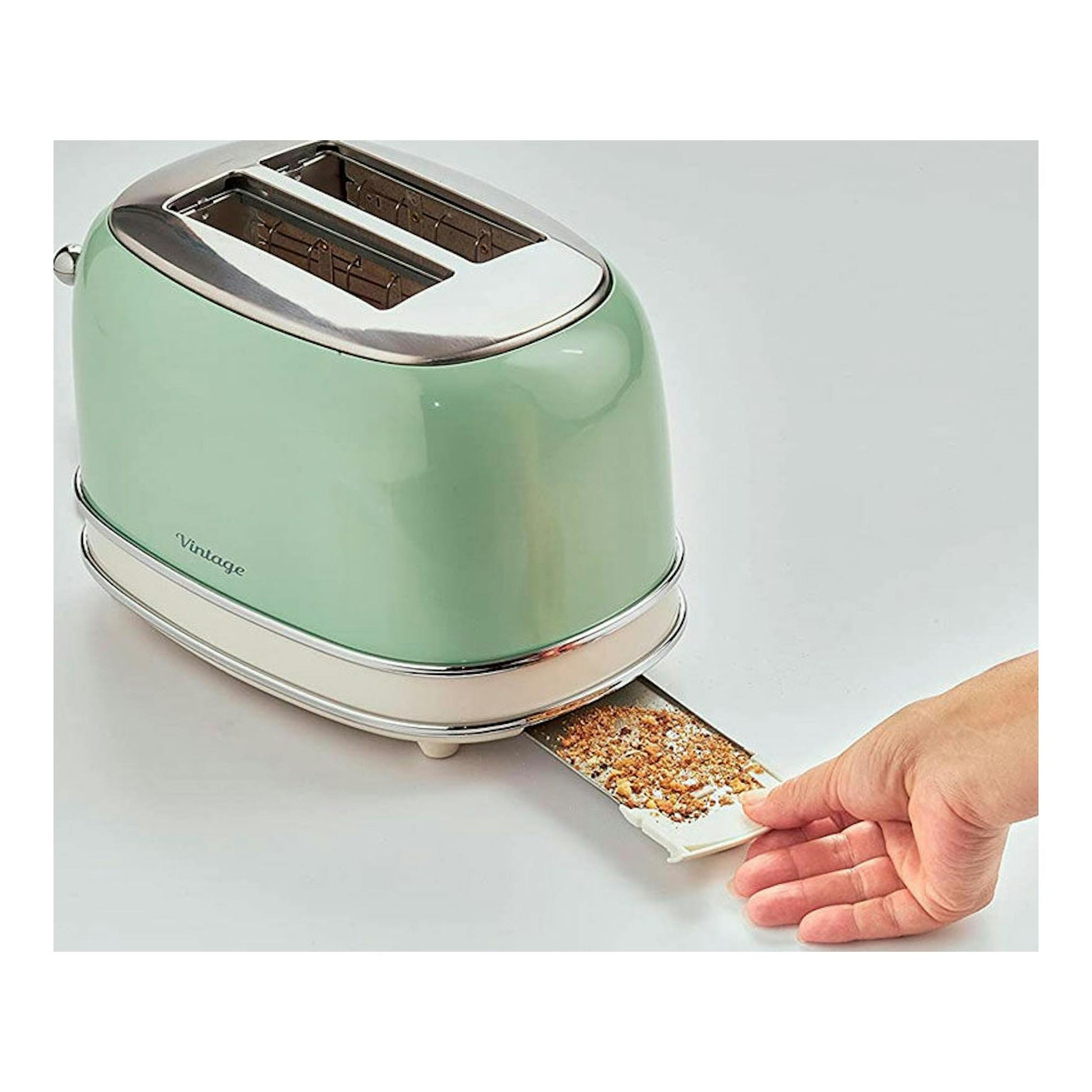 Tostador Ariete Vintage 155/14 verde, vista en tres cuartos, con 2 ranuras y bandeja recogemigas extraída.