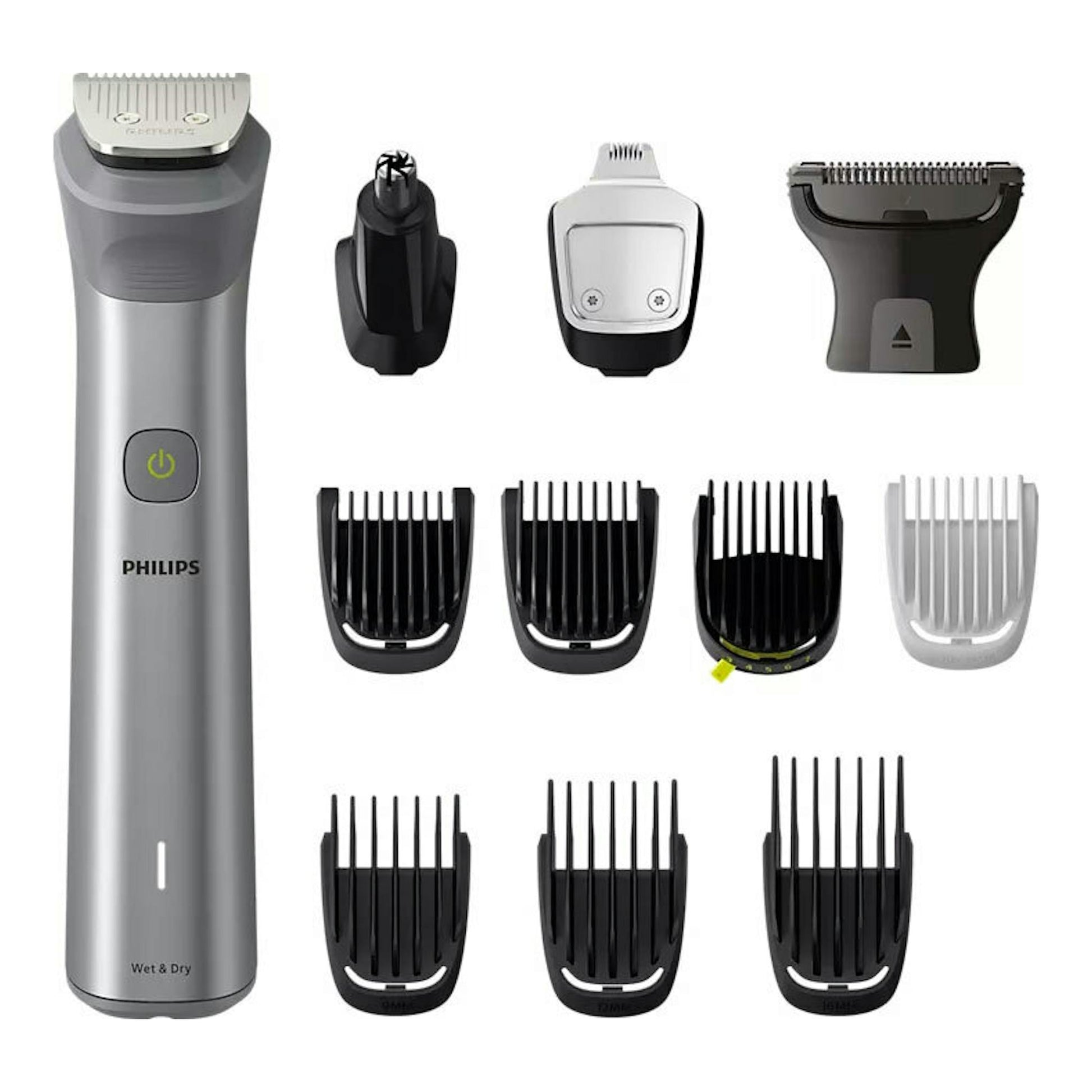 Afeitadora/cortapelo Philips MG5940/15 en vista frontal, color gris, con varios peines y accesorios.