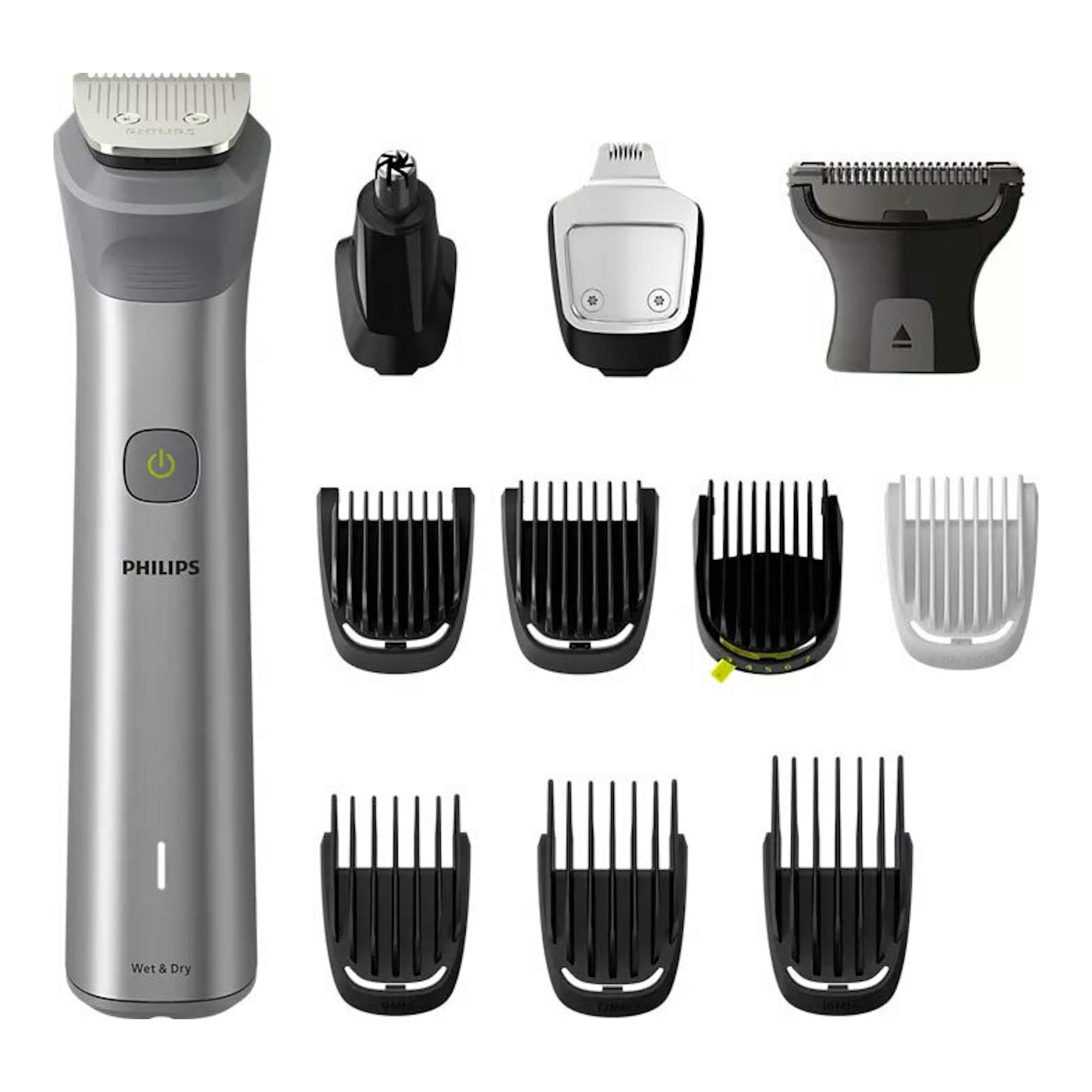 Afeitadora/cortapelo Philips MG5940/15 en vista frontal, color gris, con varios peines y accesorios.
