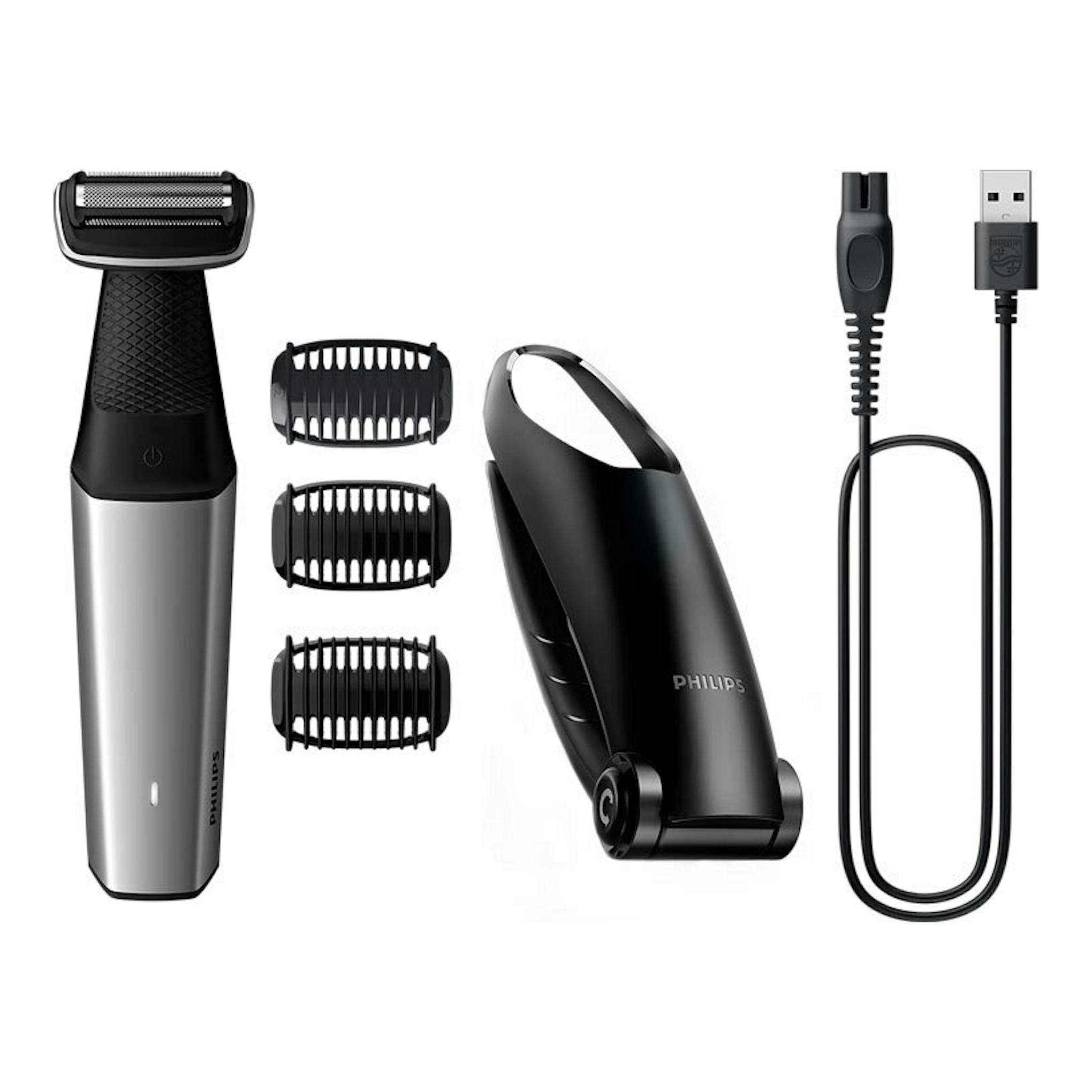 Afeitadora Philips BG5021/15 negra y plateada, con tres peines guía, cable USB y vista frontal/lateral.