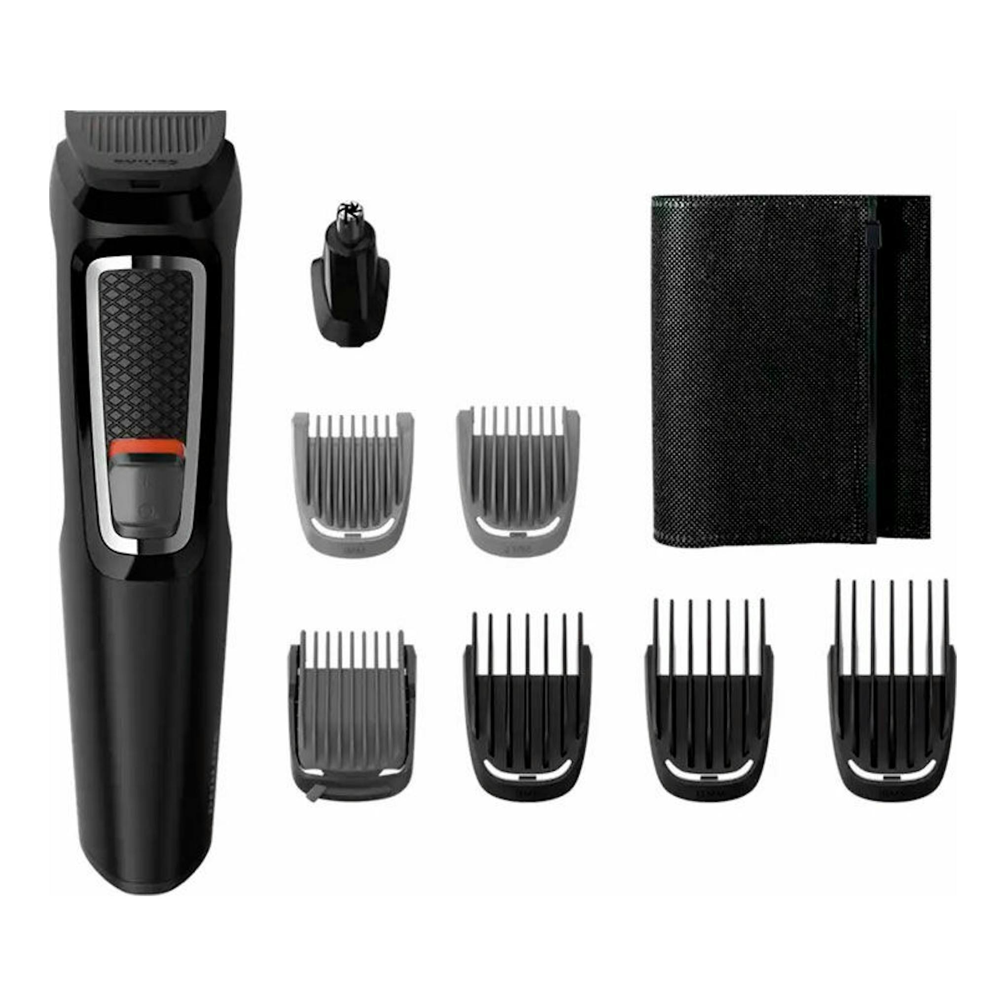 Philips MG3730/15: cortapelos/afeitadora negra, vista frontal, con 6 peines guía y funda.