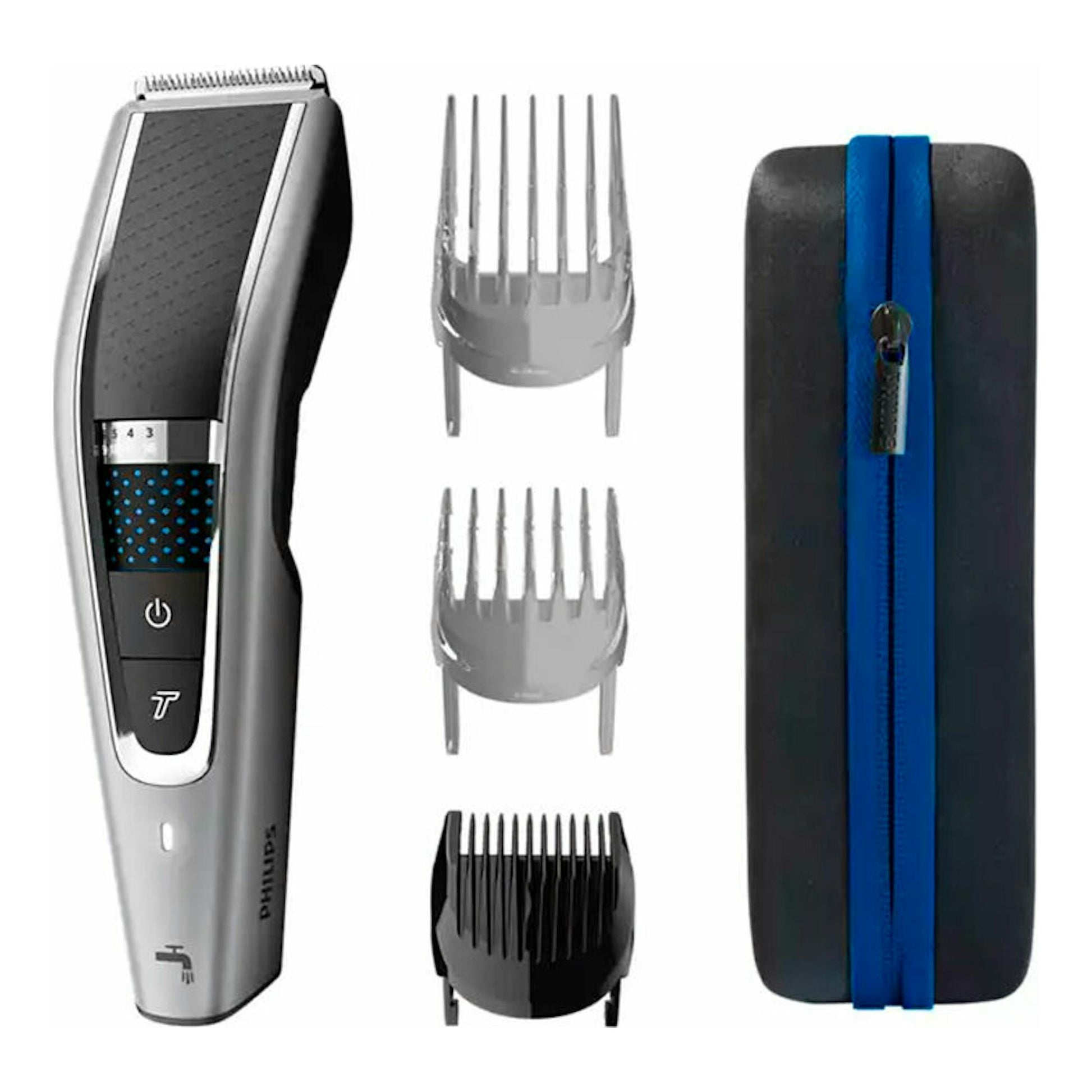 Cortapelo Philips HC5650/15 en vista frontal, negro y plata, con peines guía y estuche