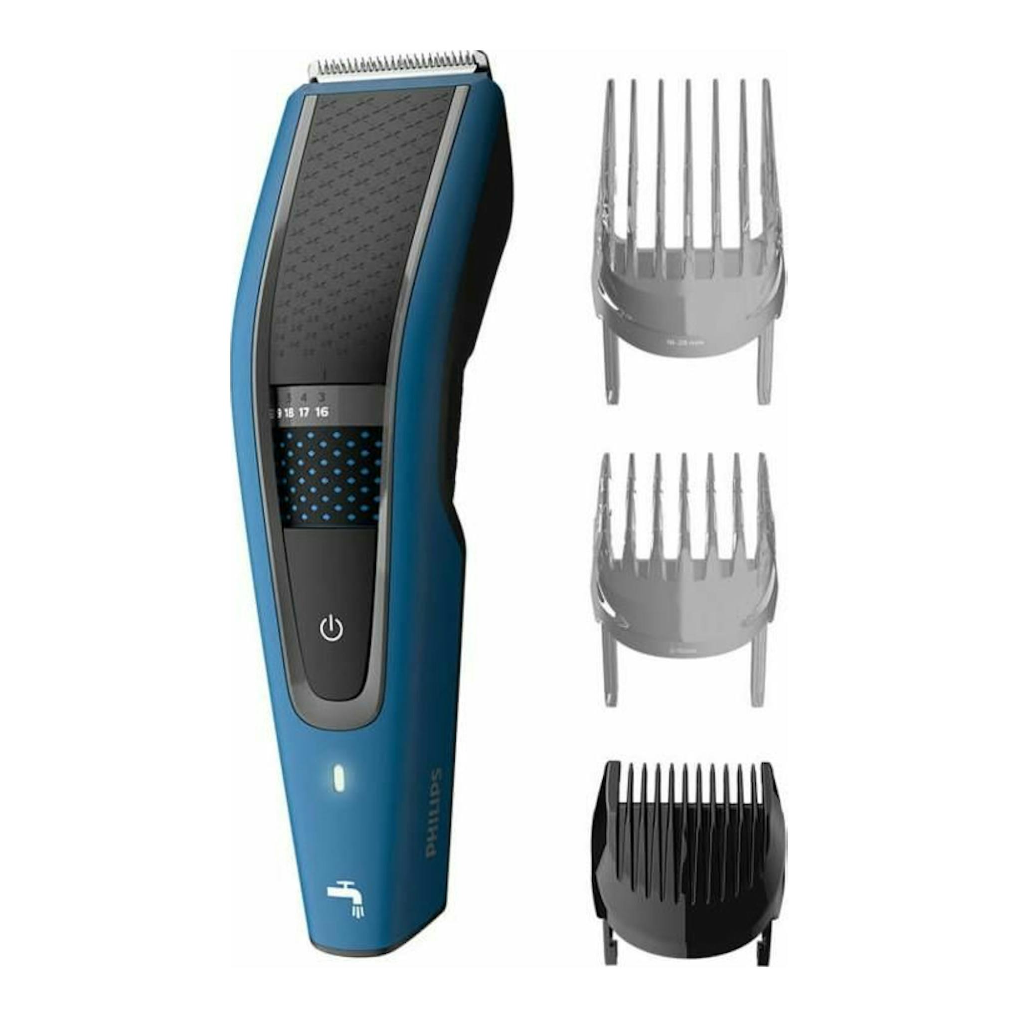 Cortapelo Philips HC5612/15 azul en vista frontal, con tres peines guía grises y negro a la derecha.
