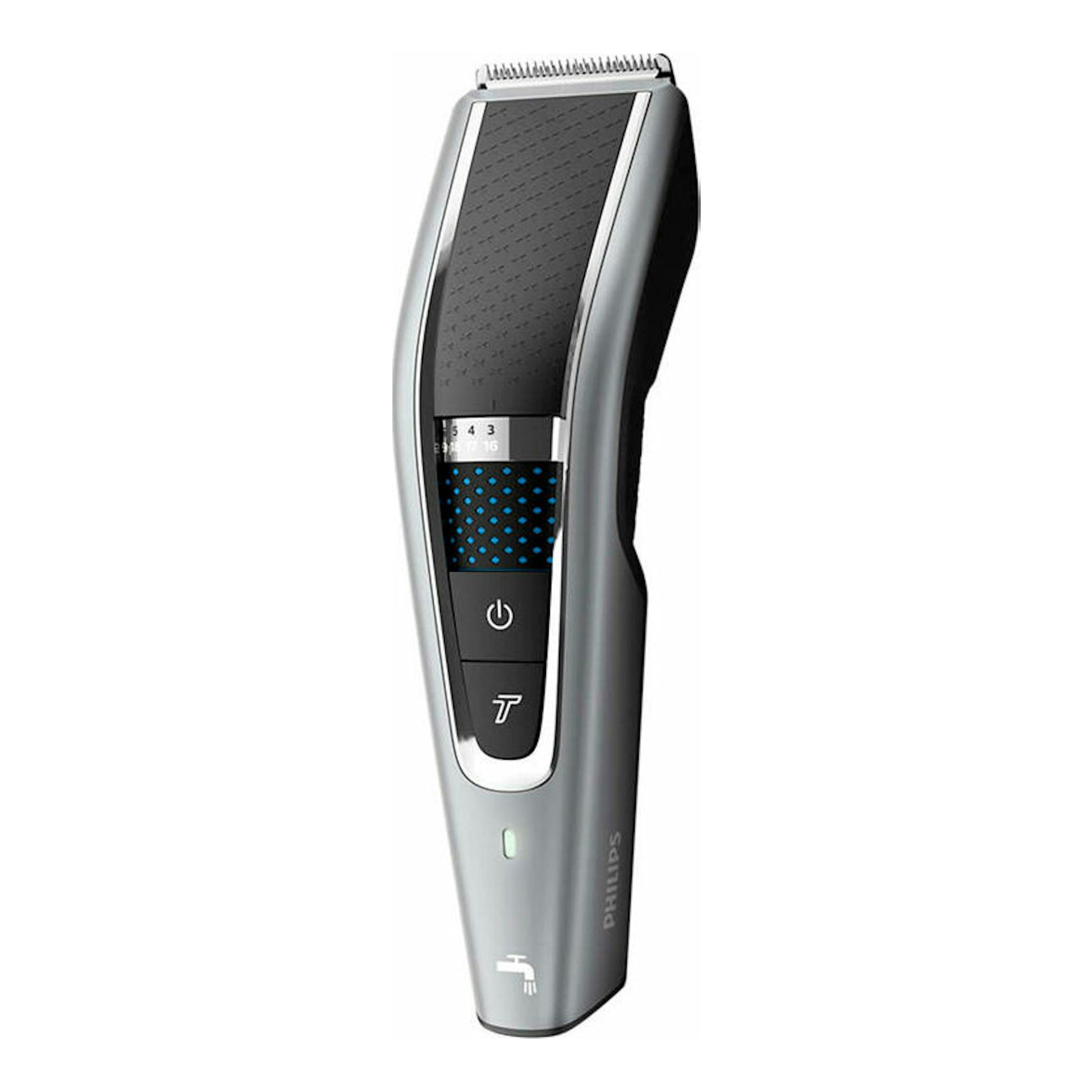 Cortapelo Philips HC5650/15, vista frontal, cuerpo gris y negro sobre fondo blanco.