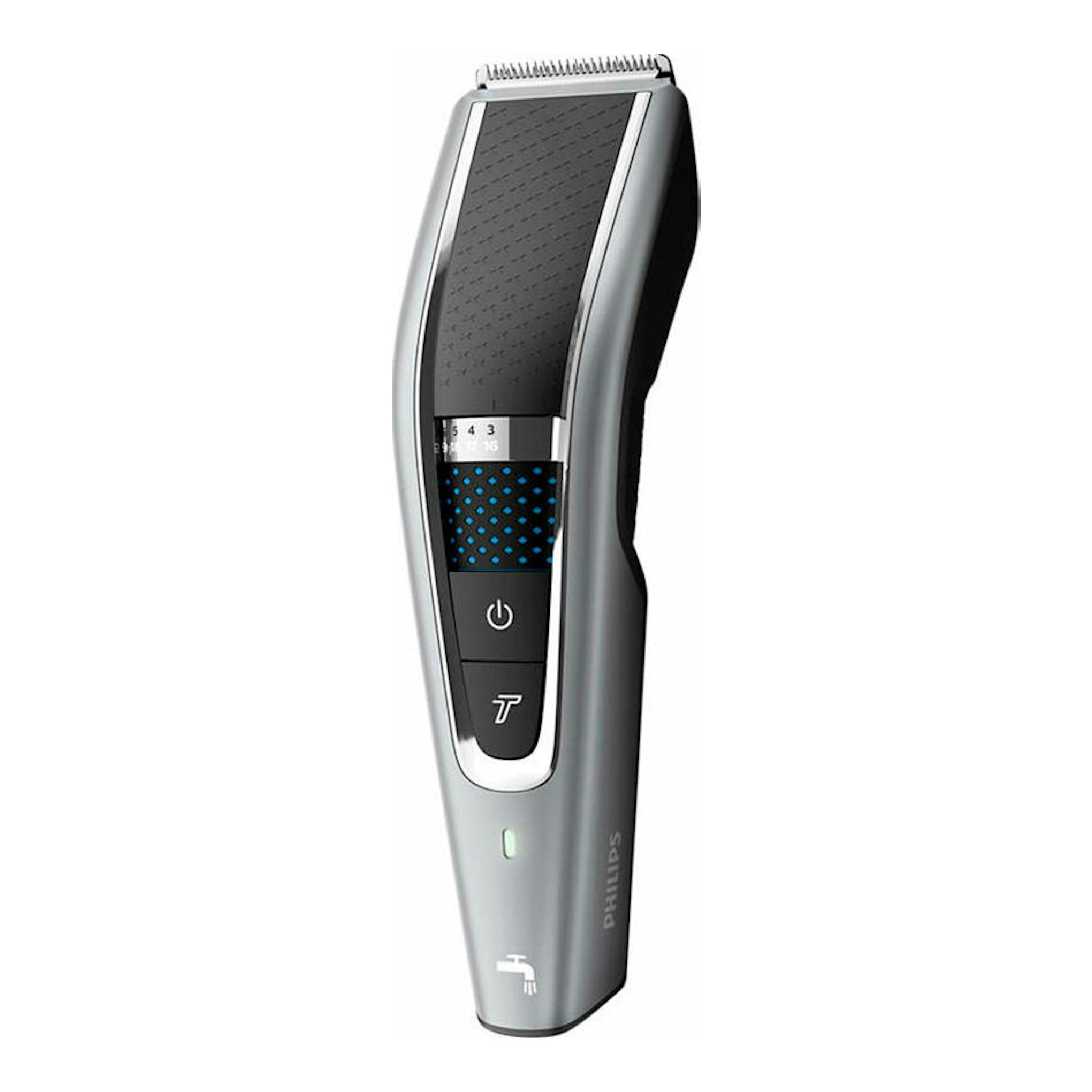 Cortapelo Philips HC5650/15, vista frontal, cuerpo gris y negro sobre fondo blanco.