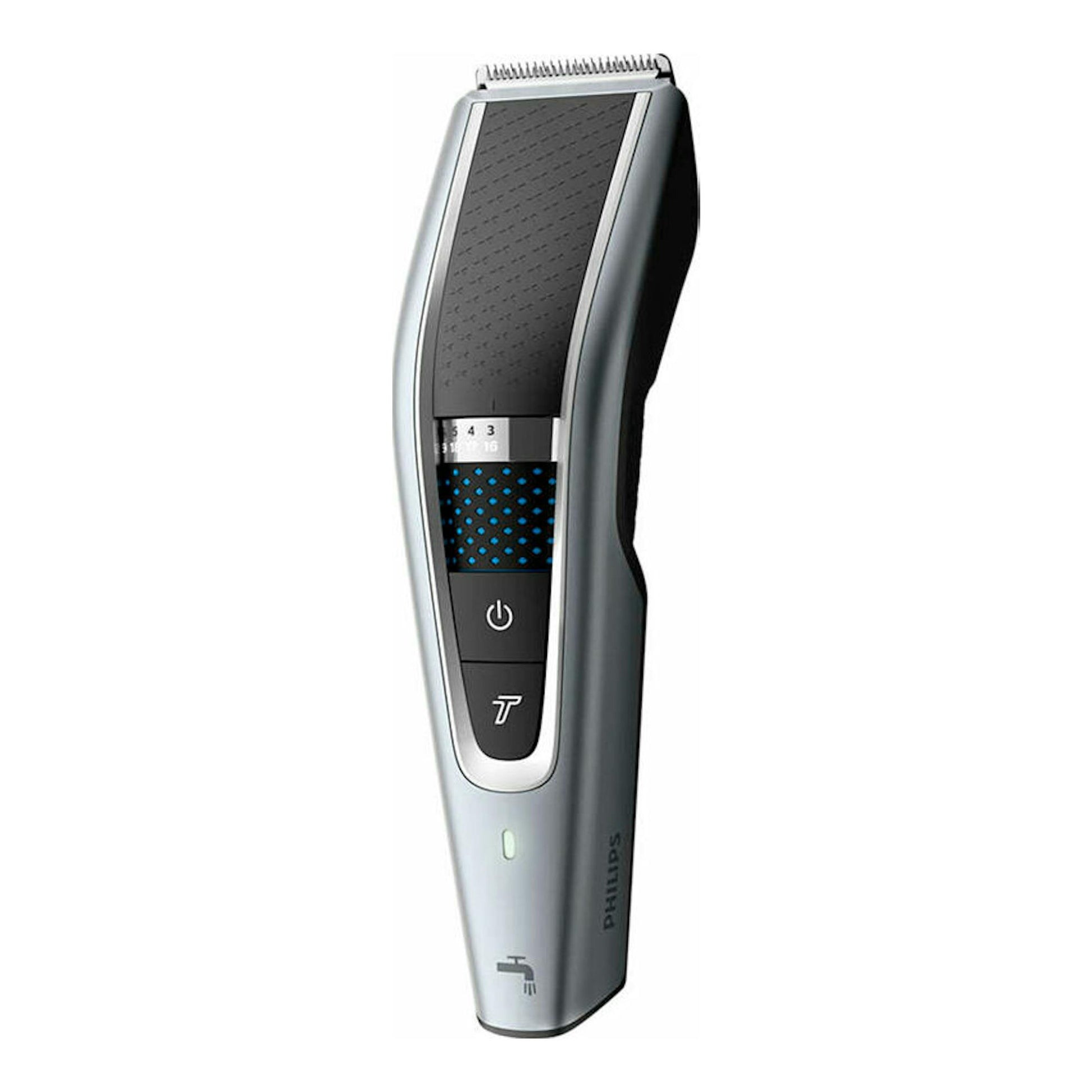 Cortapelo Philips HC5630/15 plateado y negro, vista frontal, con peine y pantalla central.