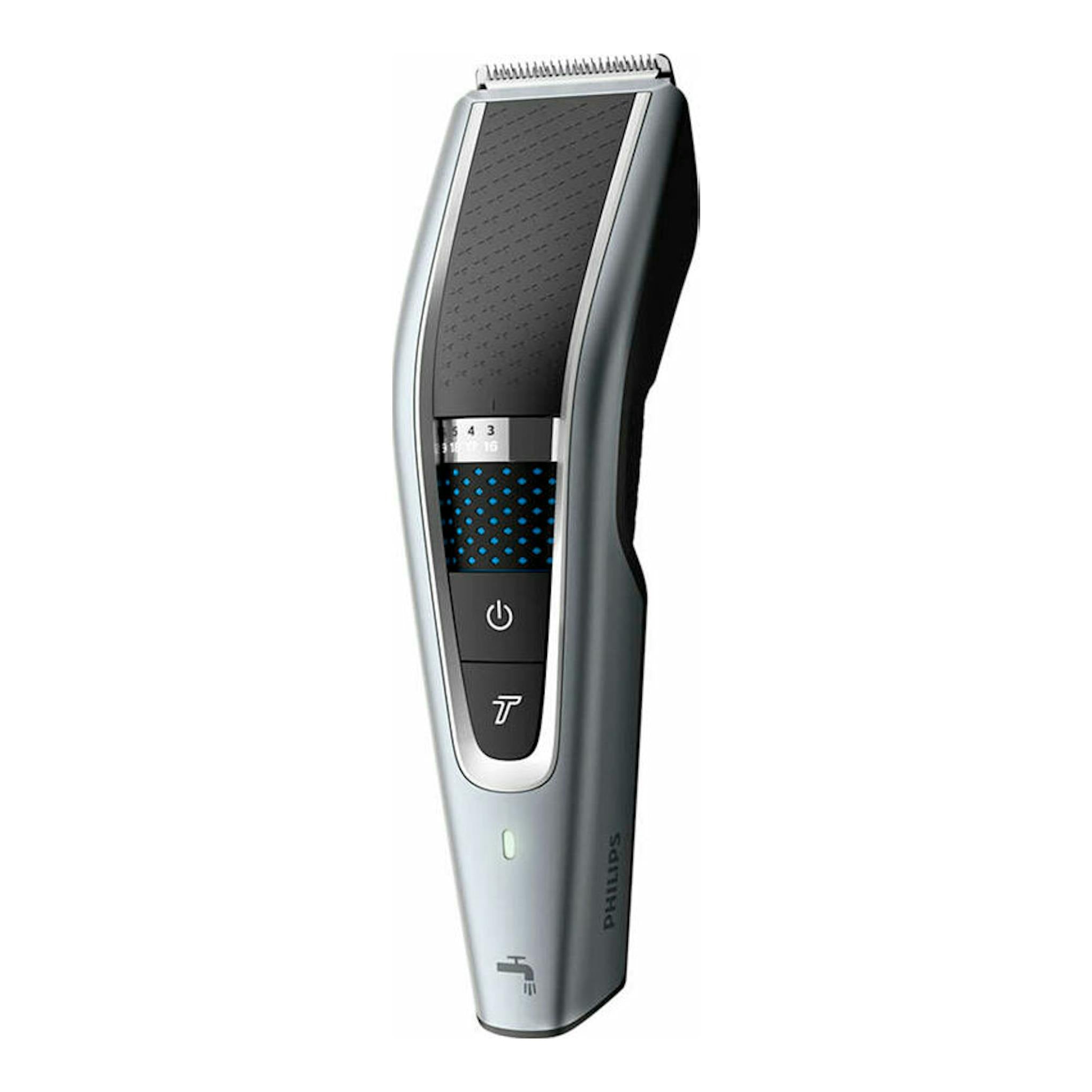 Cortapelo Philips HC5630/15 plateado y negro, vista frontal, con peine y pantalla central.