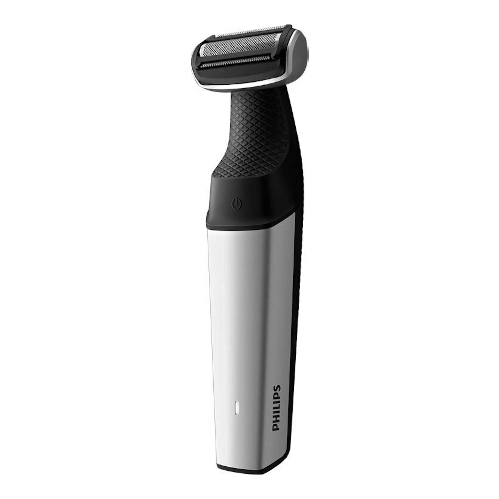 Afeitadora Philips BG5021/15 negra y plateada, vista frontal en fondo blanco.