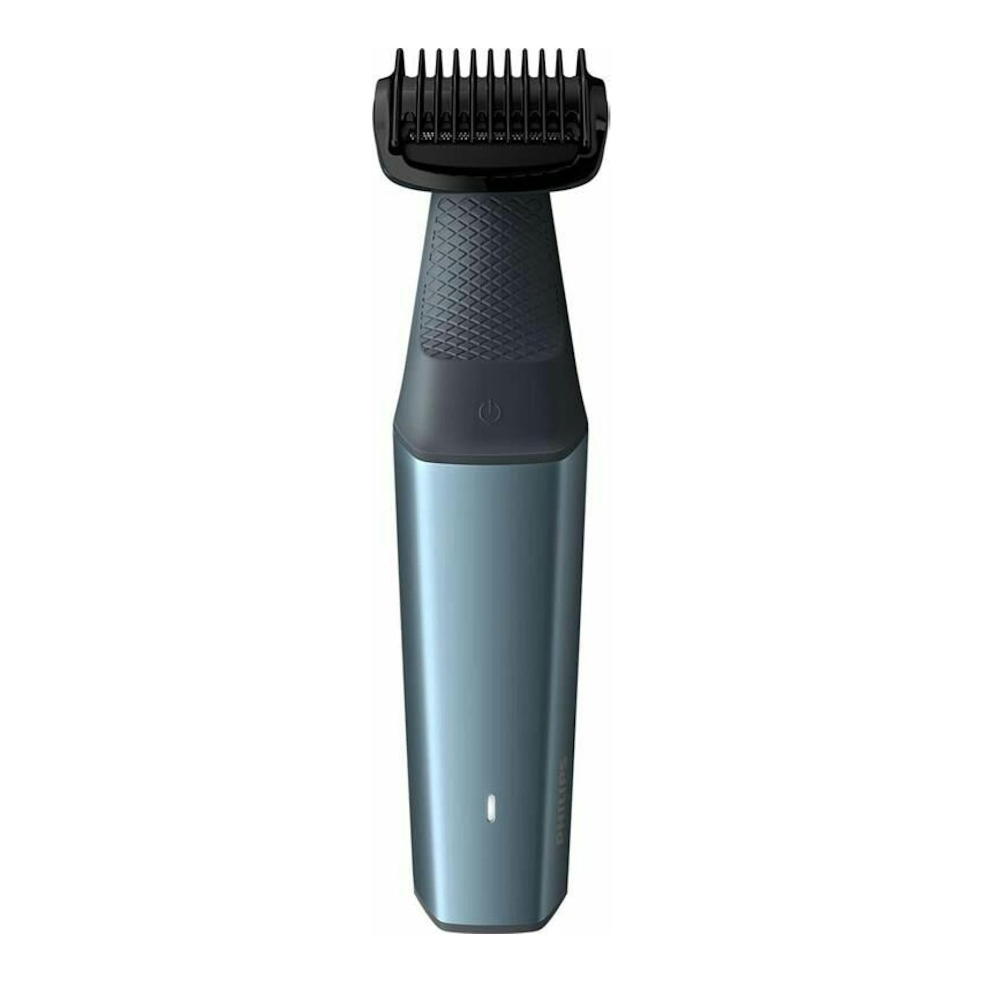 Afeitadora corporal Philips BG3015/15, vista frontal, cuerpo azul metalizado y cabezal negro con peine.