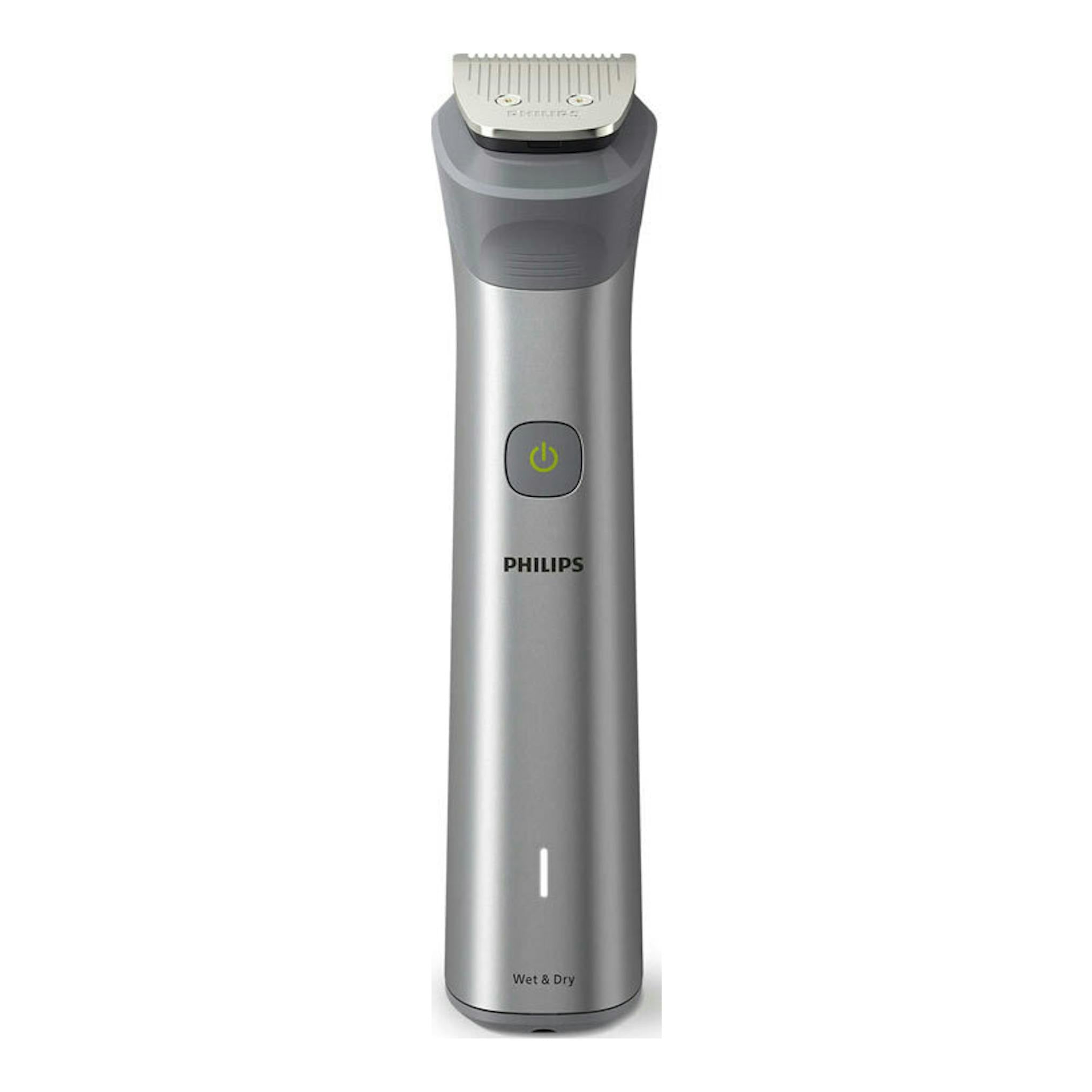 Afeitadora/cortapelo Philips MG5940/15 gris, vista frontal, con cabezal metálico y botón de encendido.