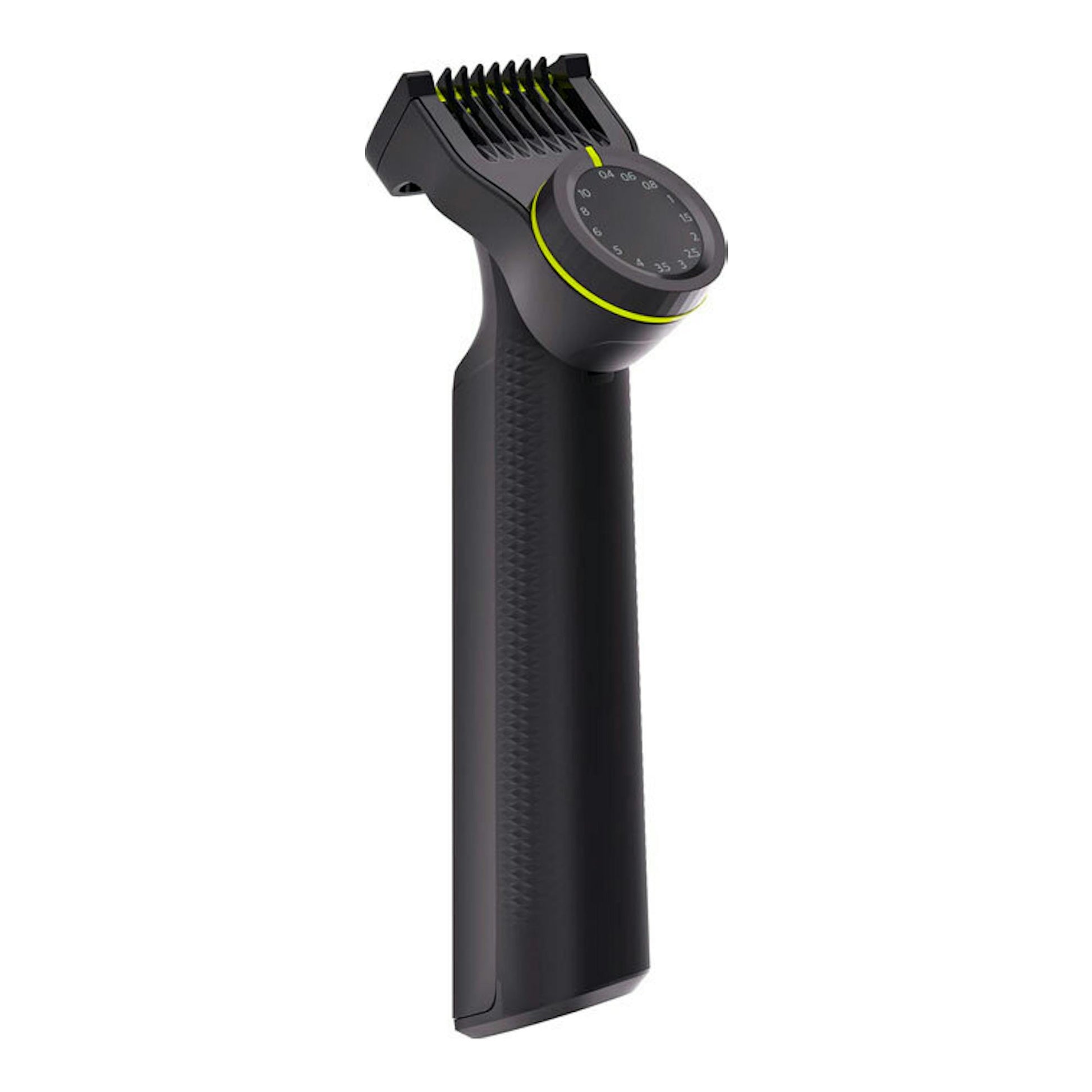 Afeitadora Philips OneBlade QP6542/15 negra, vista frontal, con cabezal y dial de ajuste.