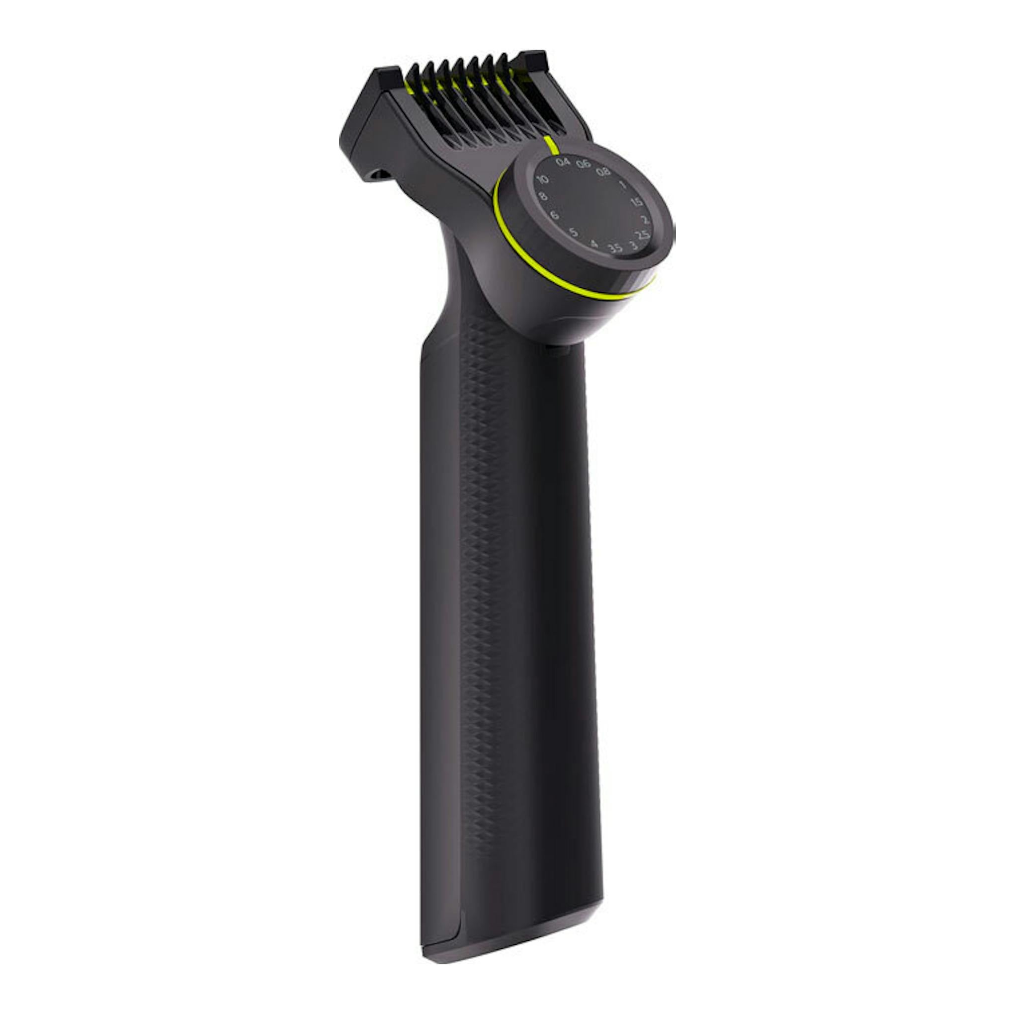 Afeitadora Philips OneBlade QP6542/15 negra, vista frontal, con cabezal y dial de ajuste.