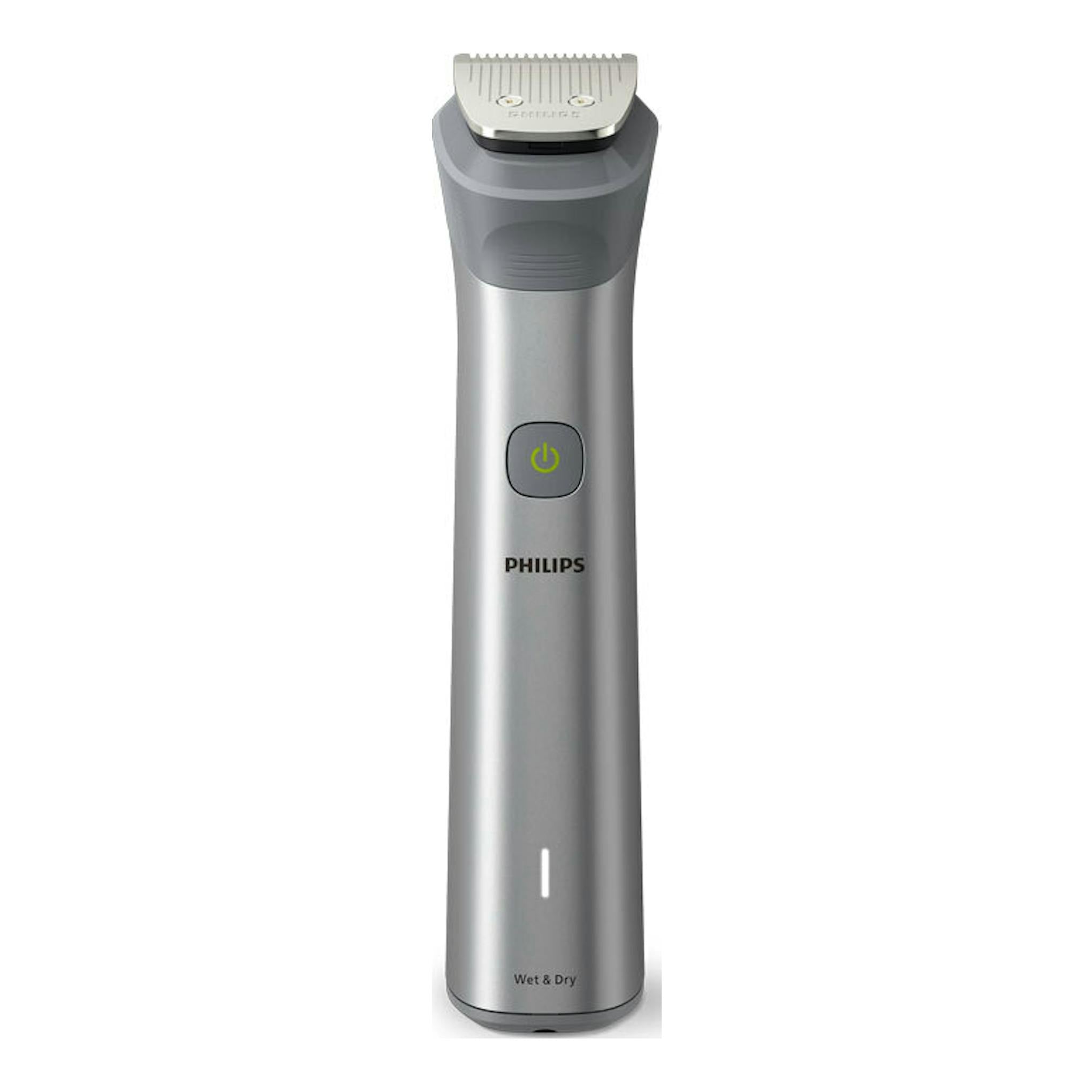 Cortapelos Philips MG5920/15 gris, vista frontal, con cabezal metálico y botón de encendido.