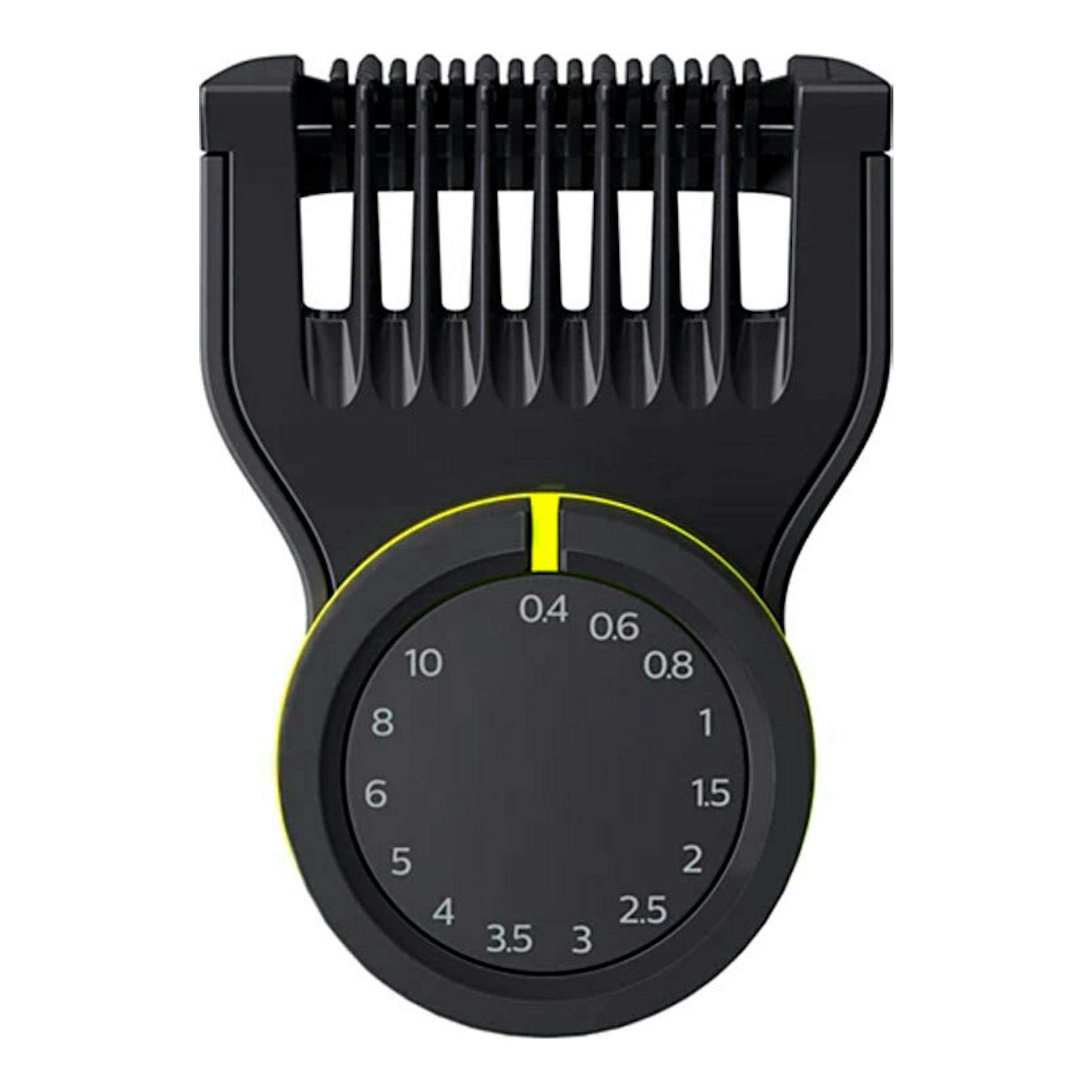 Accesorio Philips OneBlade QP6542/15 negro con ajuste circular y peine frontal, vista frontal.