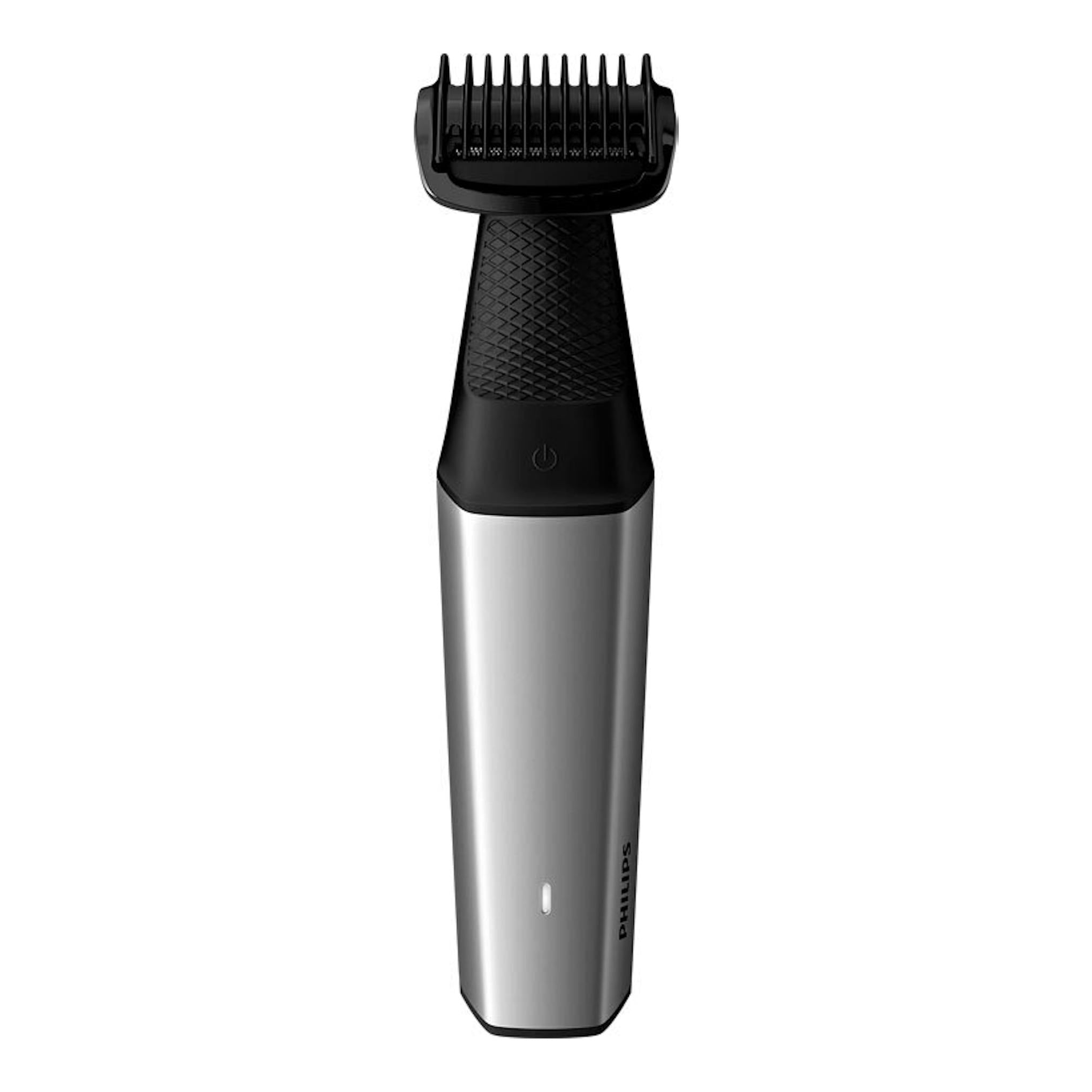 Afeitadora Philips BG5021/15 negra y plateada, vista frontal con peine recortador superior.