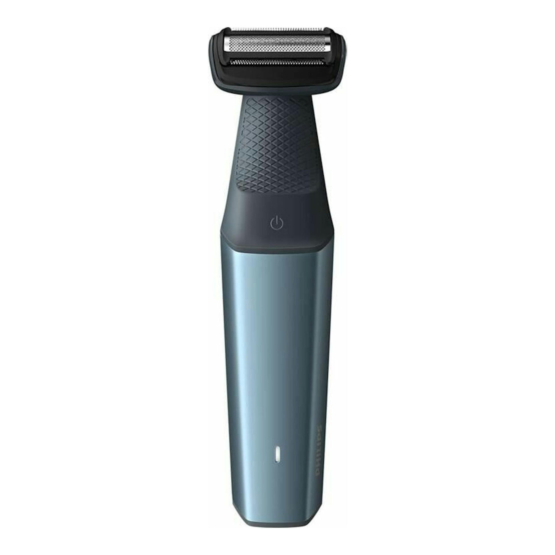 Afeitadora corporal Philips BG3015/15, vista frontal, con mango azul y cabezal negro.