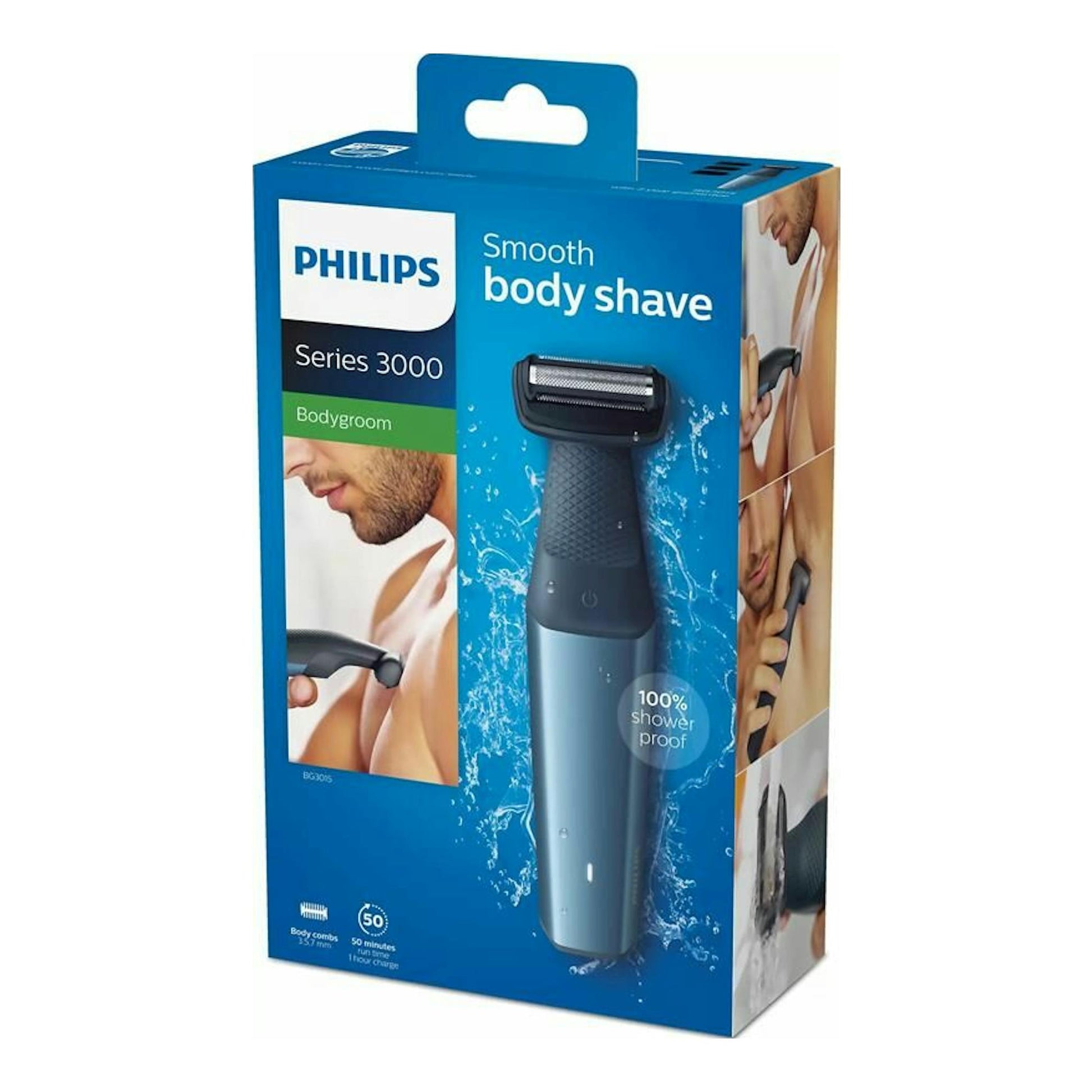 Caja de afeitadora corporal Philips Series 3000 Bodygroom BG3015/15, vista frontal en azul.