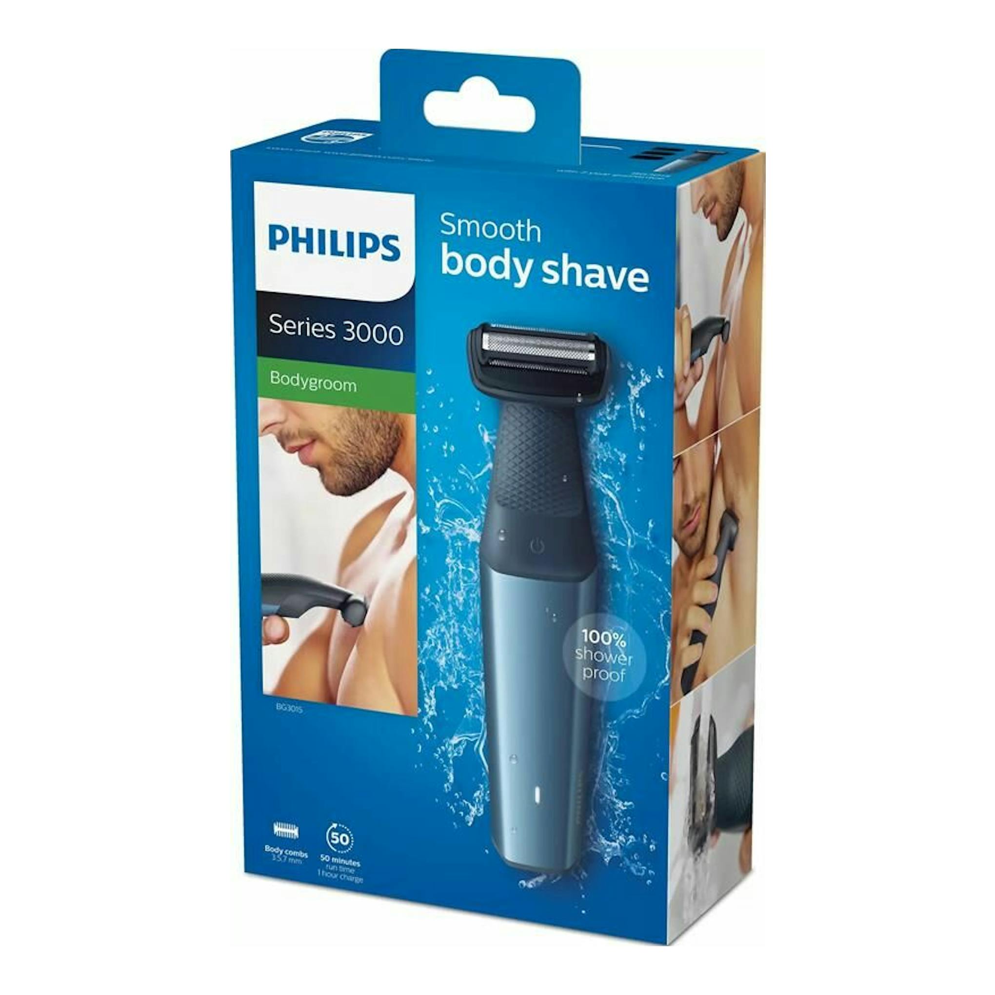 Caja de afeitadora corporal Philips Series 3000 Bodygroom BG3015/15, vista frontal en azul.