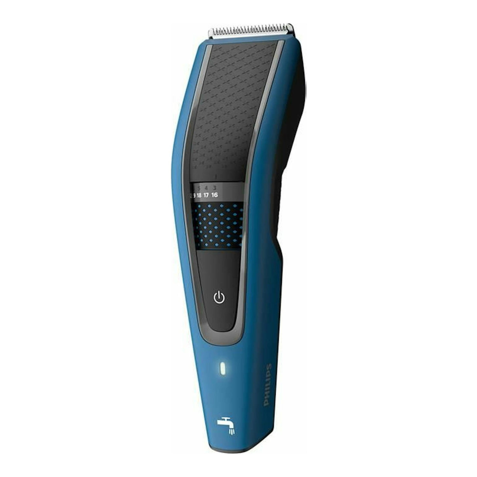 Cortapelo Philips HC5612/15 azul y negro, vista frontal sobre fondo blanco.