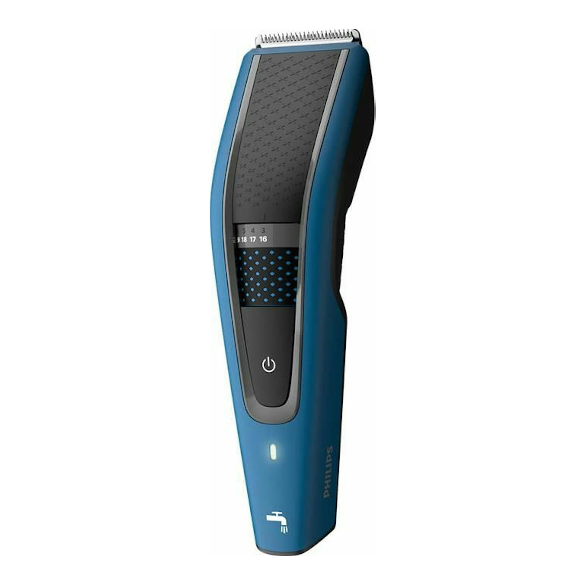 Cortapelo Philips HC5612/15 azul y negro, vista frontal sobre fondo blanco.