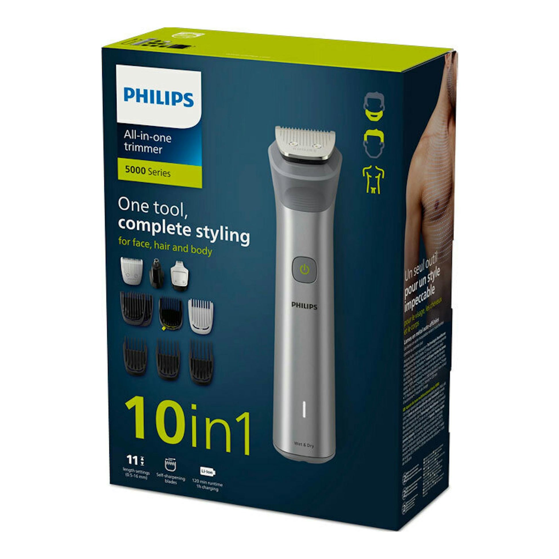 Caja frontal de Philips MG5920/15, azul y verde, con recortador e iconos de accesorios 10 en 1.
