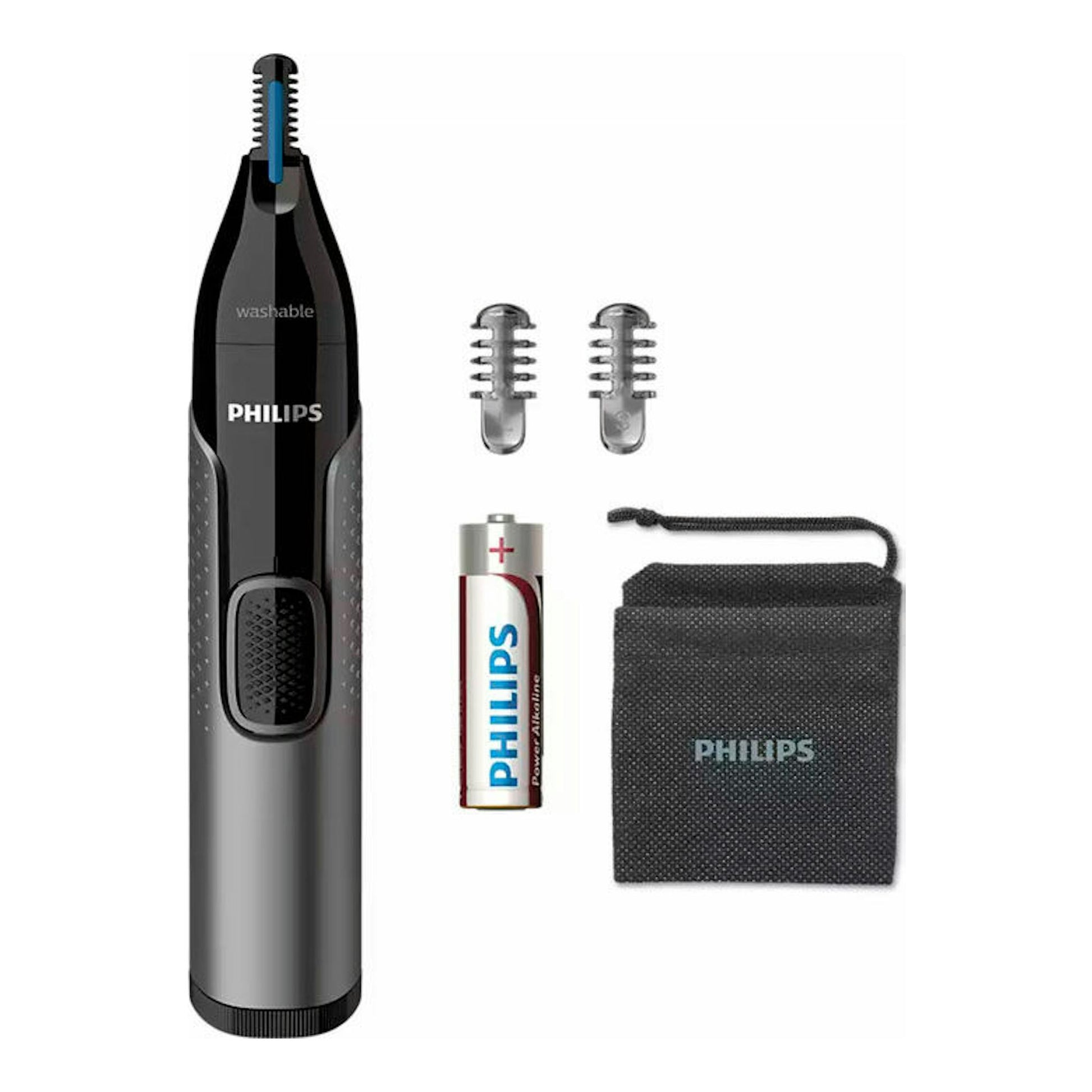 Cortapelo nasal Philips NT3650/16 negro y gris, con dos cabezales, pila y funda, vista frontal.