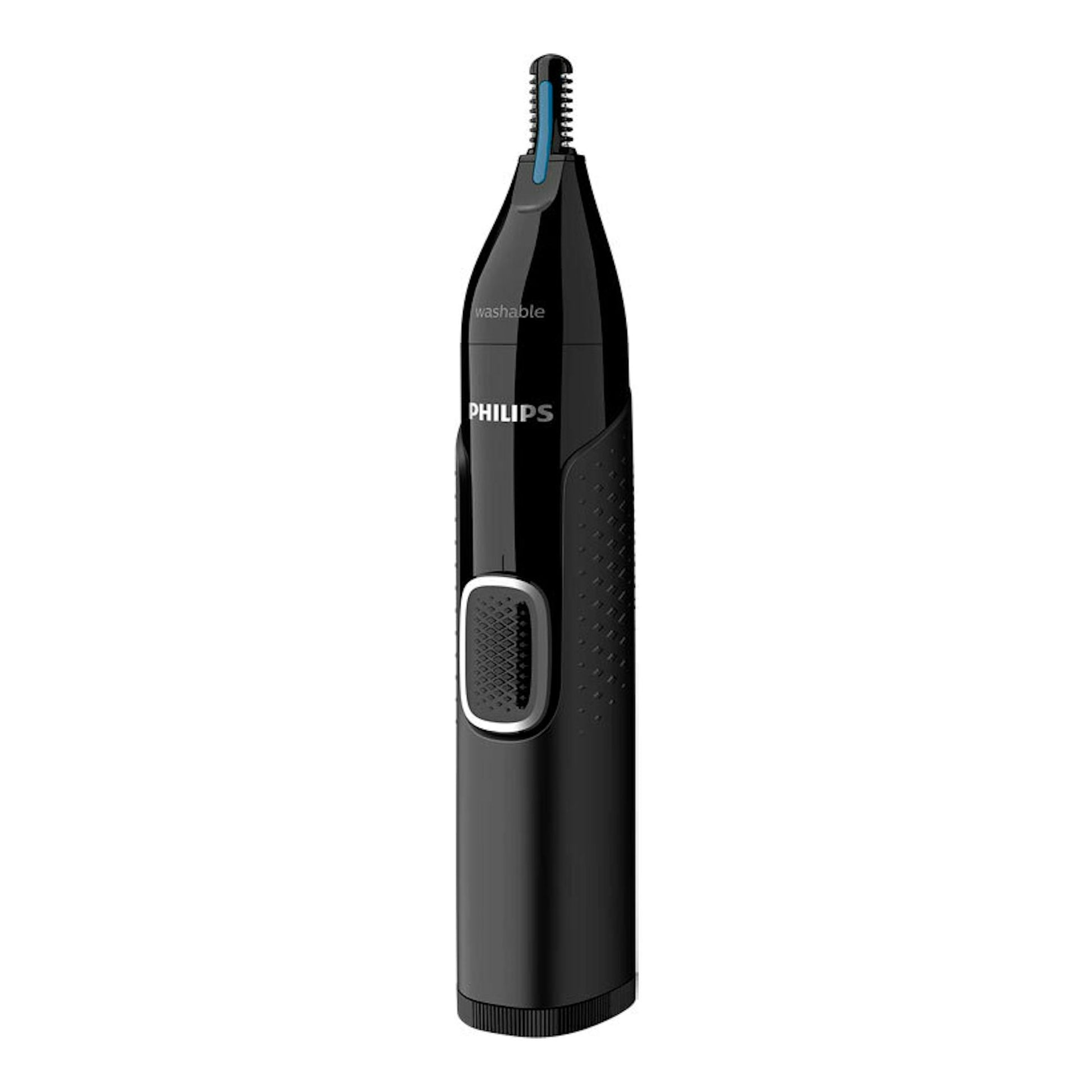 Cortapelos de nariz Philips NT5650/16 negro, vista frontal, con cabezal recortador y agarre texturizado.