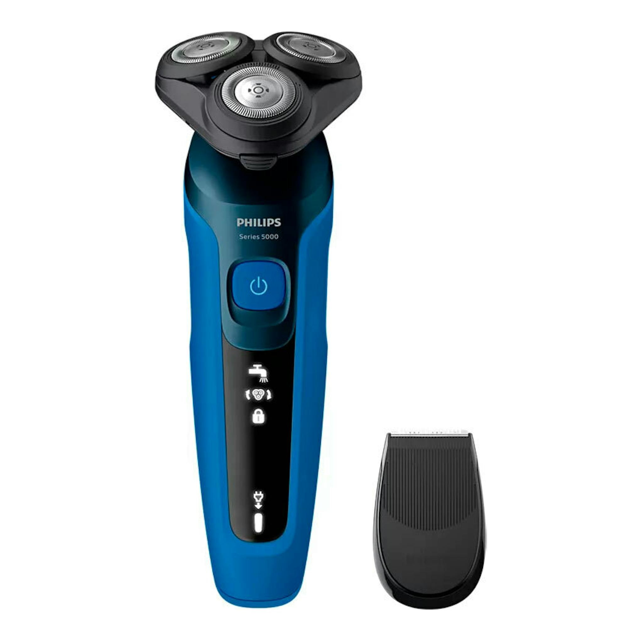 Afeitadora Philips Series 5000 S5466/17 azul y negra, vista frontal, con accesorio de recorte.