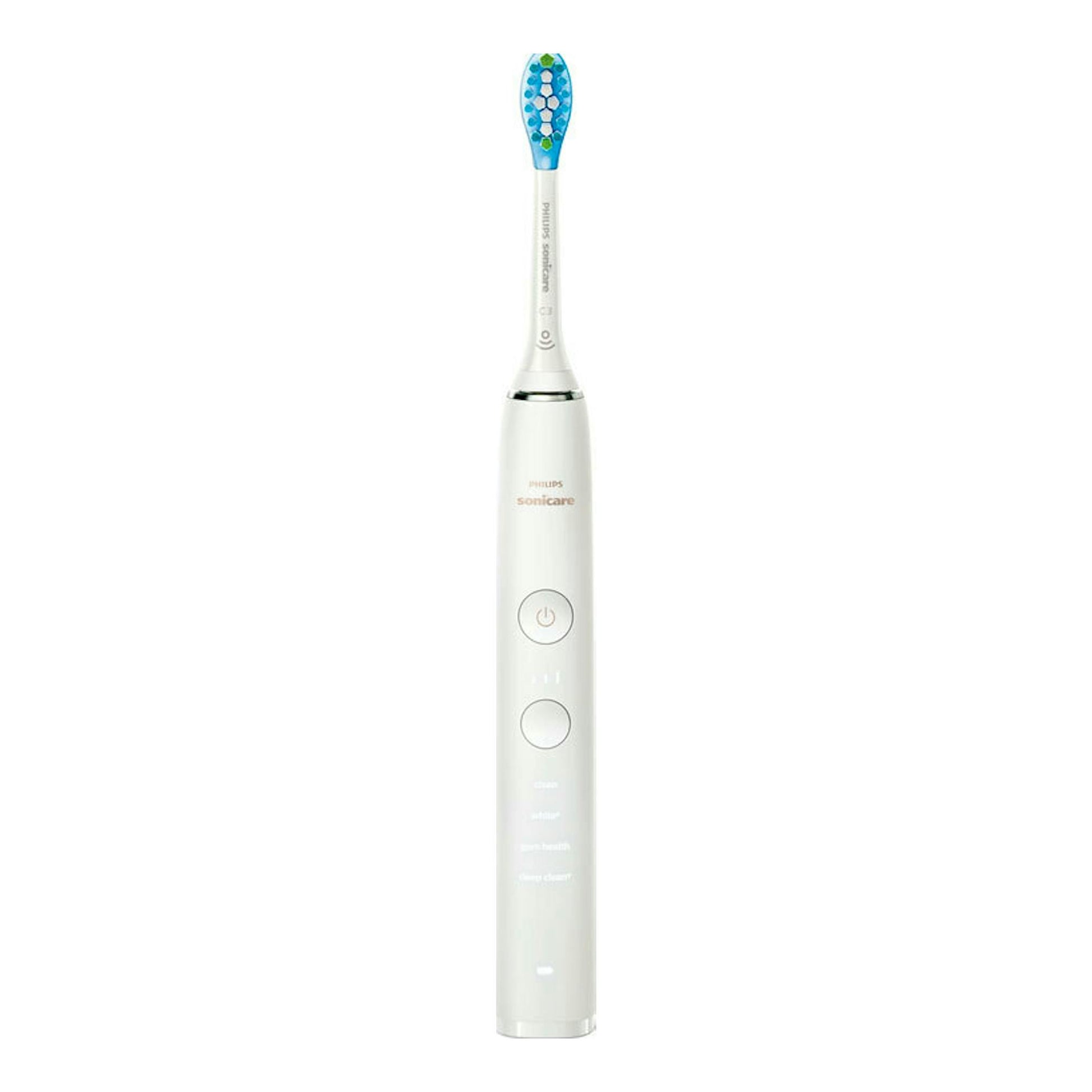 Philips Sonicare HX9913/17, cepillo dental eléctrico blanco con cabezal azul, vista frontal.