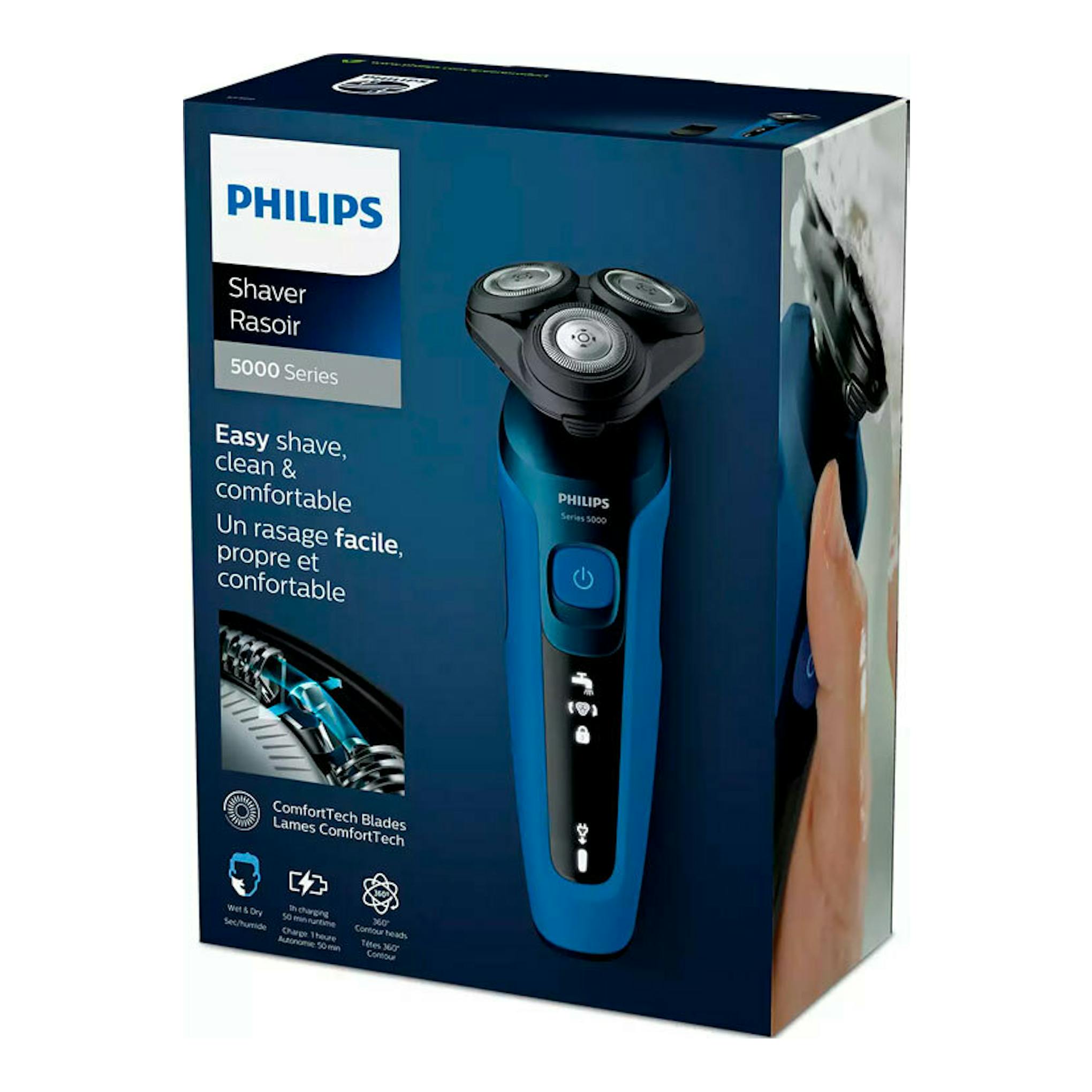 Caja de afeitadora Philips S5466/17 azul y negra, vista frontal en ángulo, con imagen del rasurador.