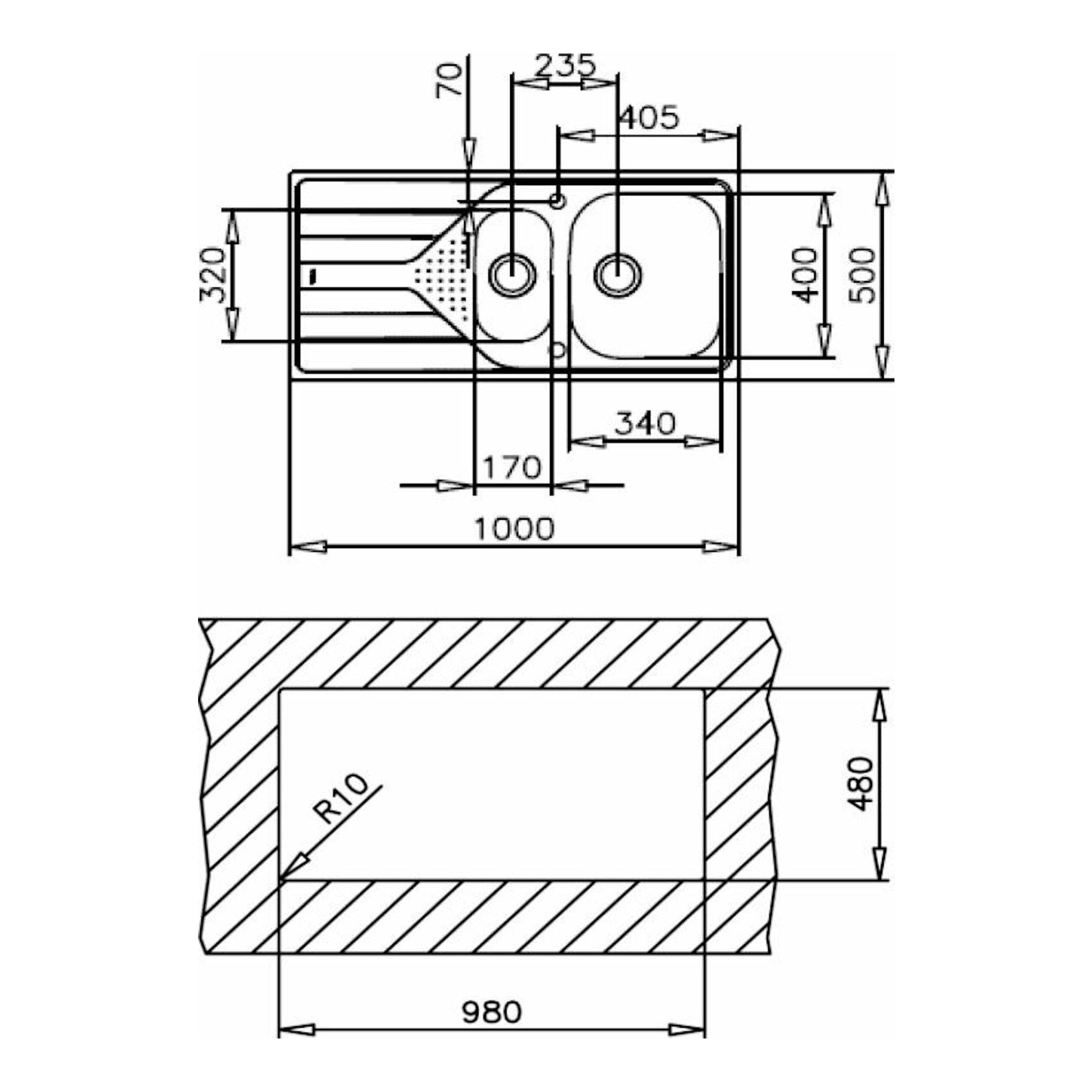 Plano técnico del fregadero Teka Universe 60 T-XP 1 1/2 C 1E, con vista superior y sección acotada.