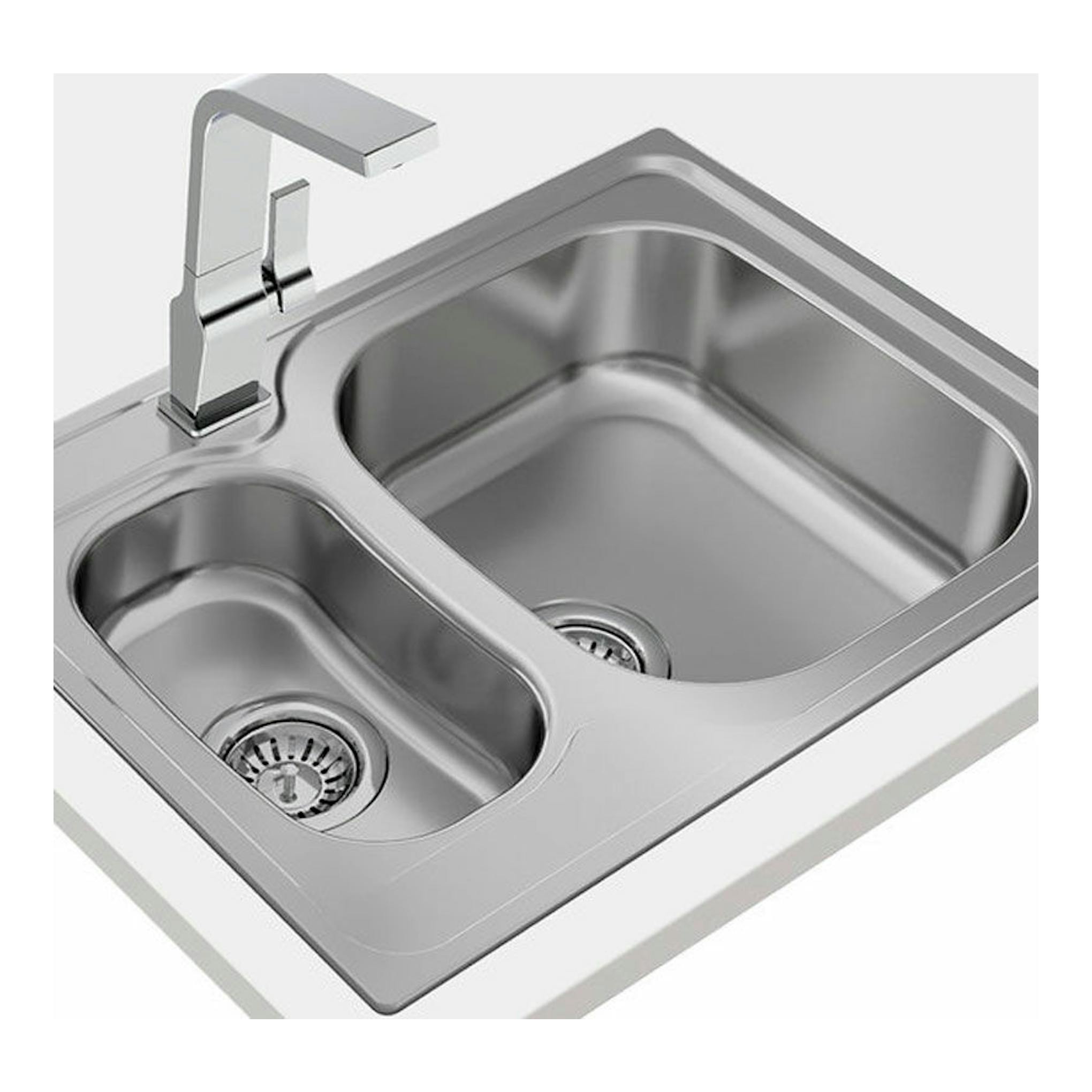 Fregadero Teka Universe 60 T-XP 1 1/2 C de acero inoxidable, vista cenital inclinada, con dos cubetas y grifo