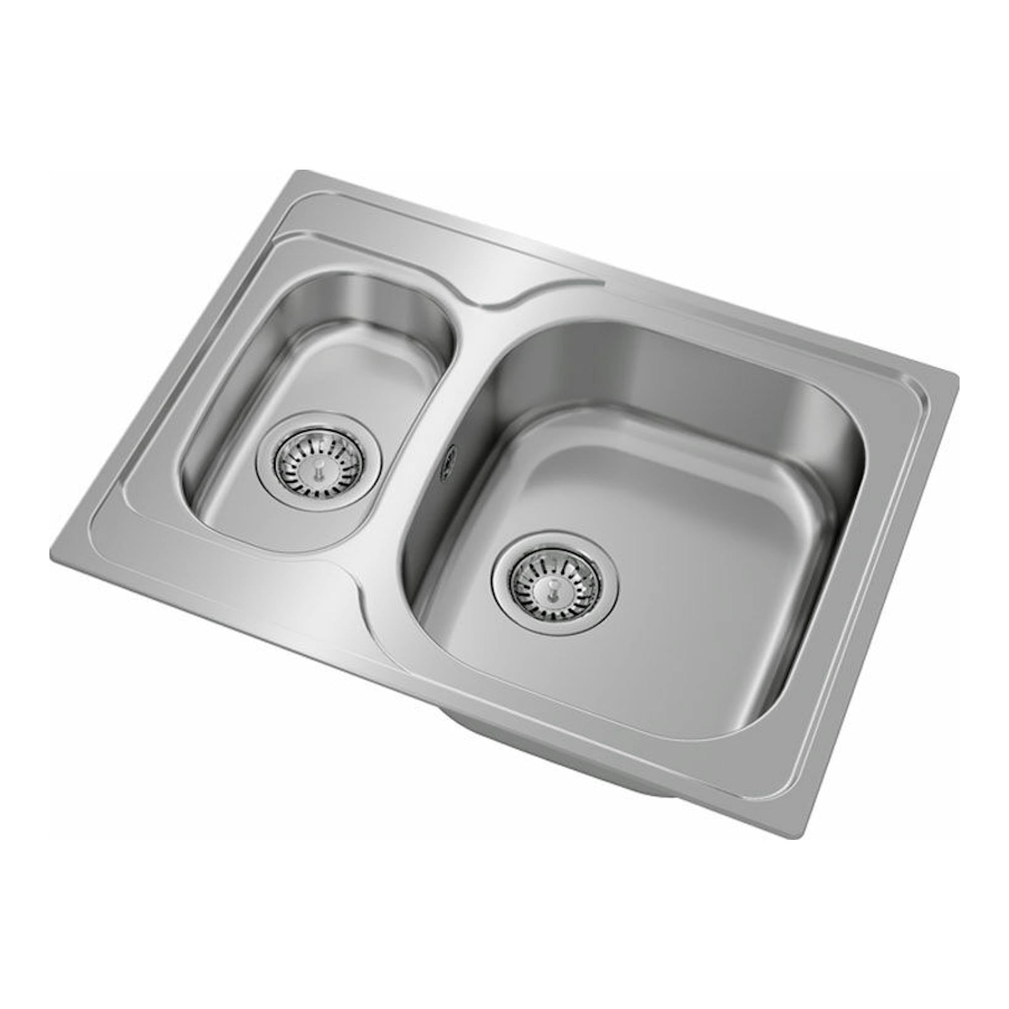 Fregadero Teka Universe 60 T-XP 1 1/2 C de acero inoxidable, vista en ángulo con dos senos y desagües.