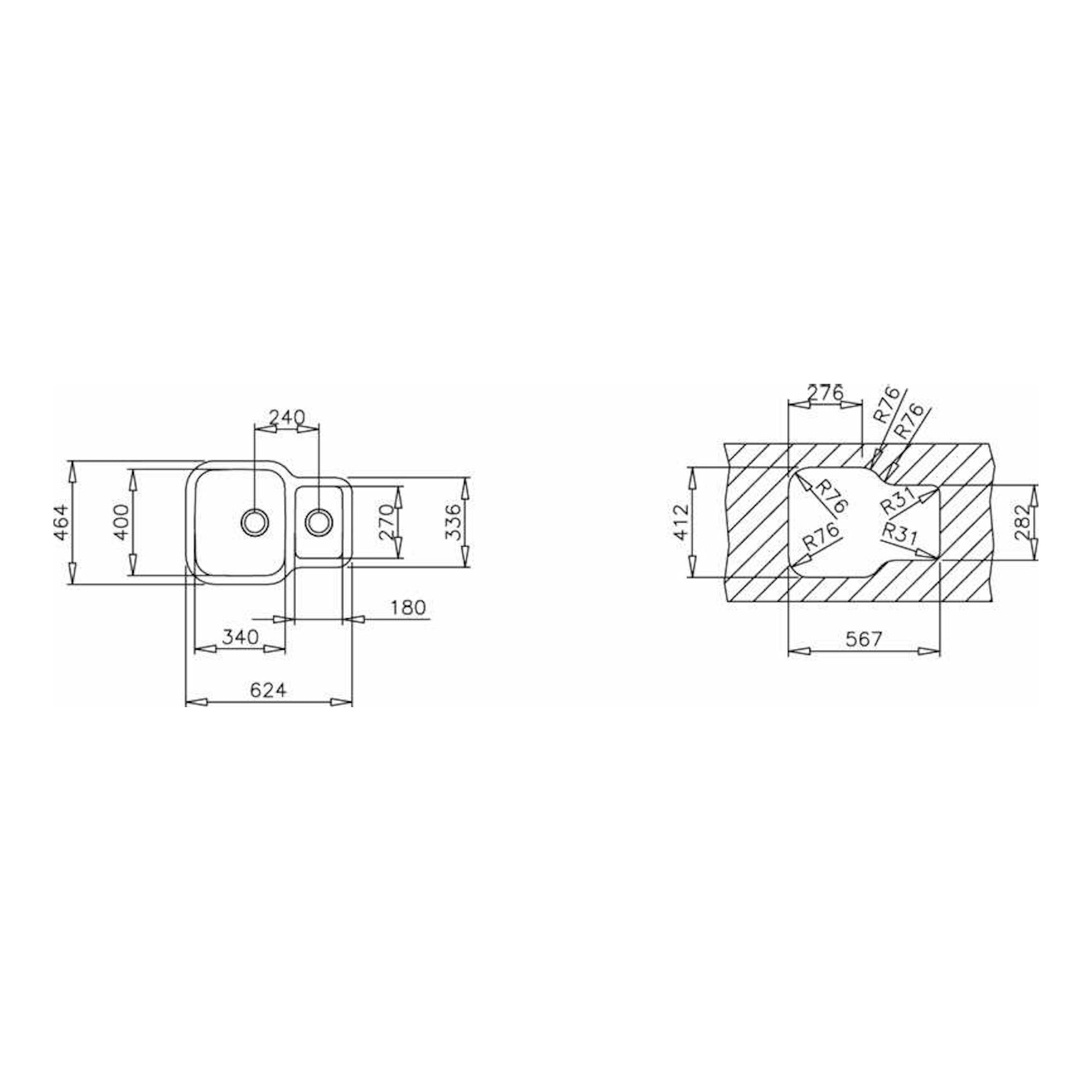 Teka BE 1 1/2 C 625 Reversible: plano técnico en blanco y negro de fregadero doble con medidas y sección.