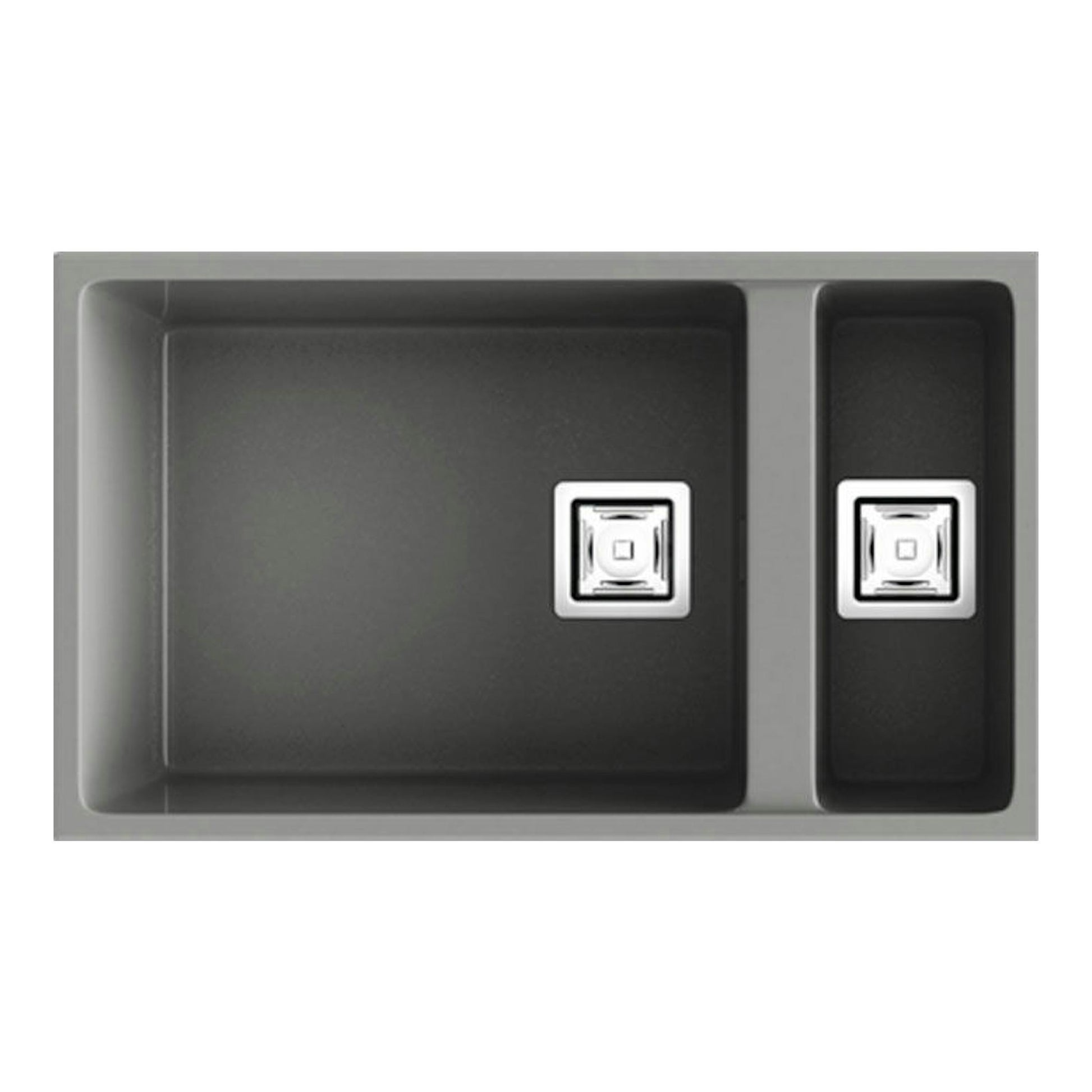 Fregadero Poalgi Zie 70 1/S+1/2 S Concret Mate, vista superior, gris oscuro, dos senos y desagües cuadrados.