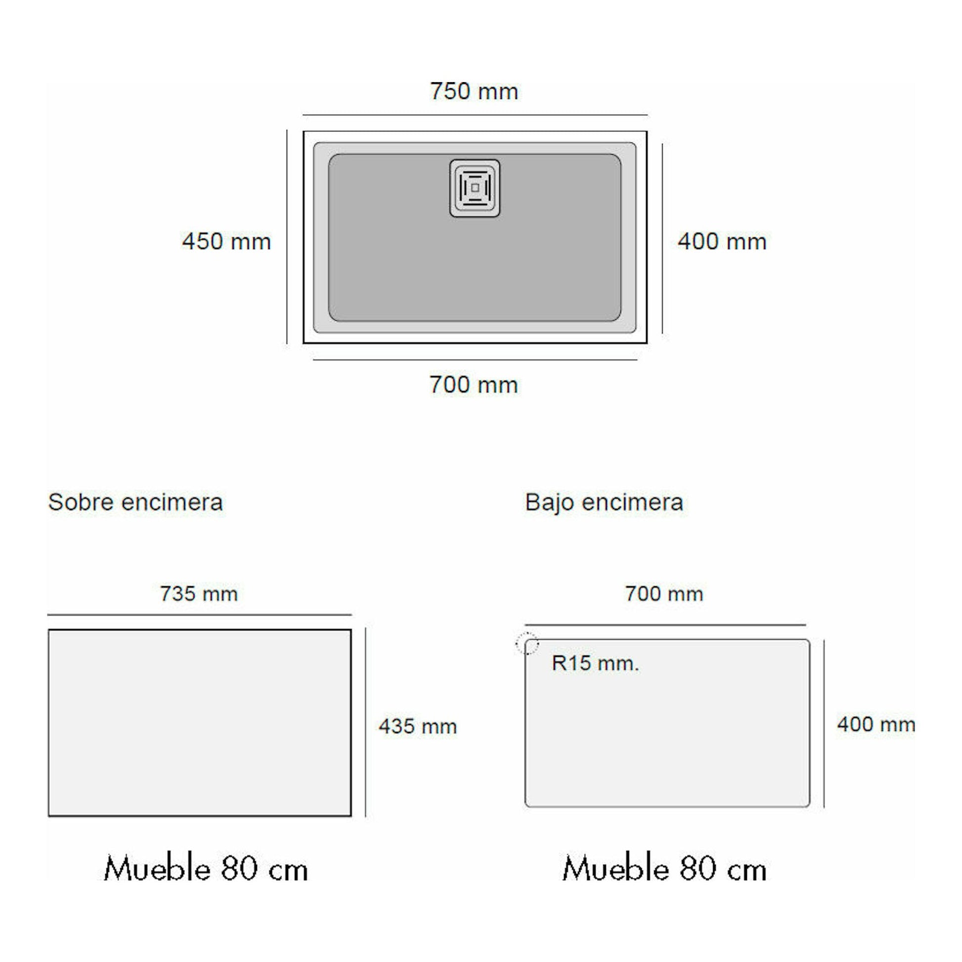 Diagrama técnico en gris del fregadero Poalgi Zie 70 1/S+1/2 S Tundra, con medidas y vistas sobre/bajo encimera.