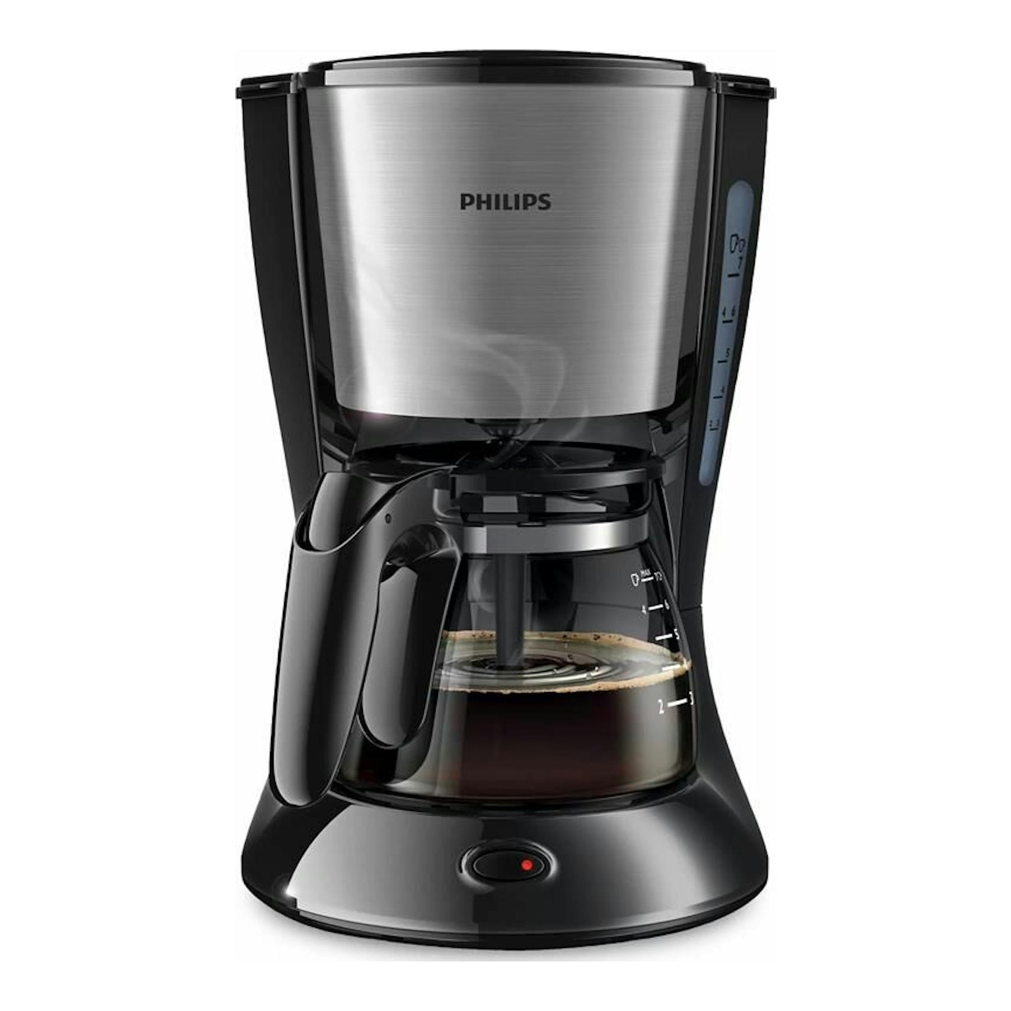Cafetera de goteo Philips HD7435/20, vista frontal, negra, con frontal de acero inoxidable y jarra de vidrio.