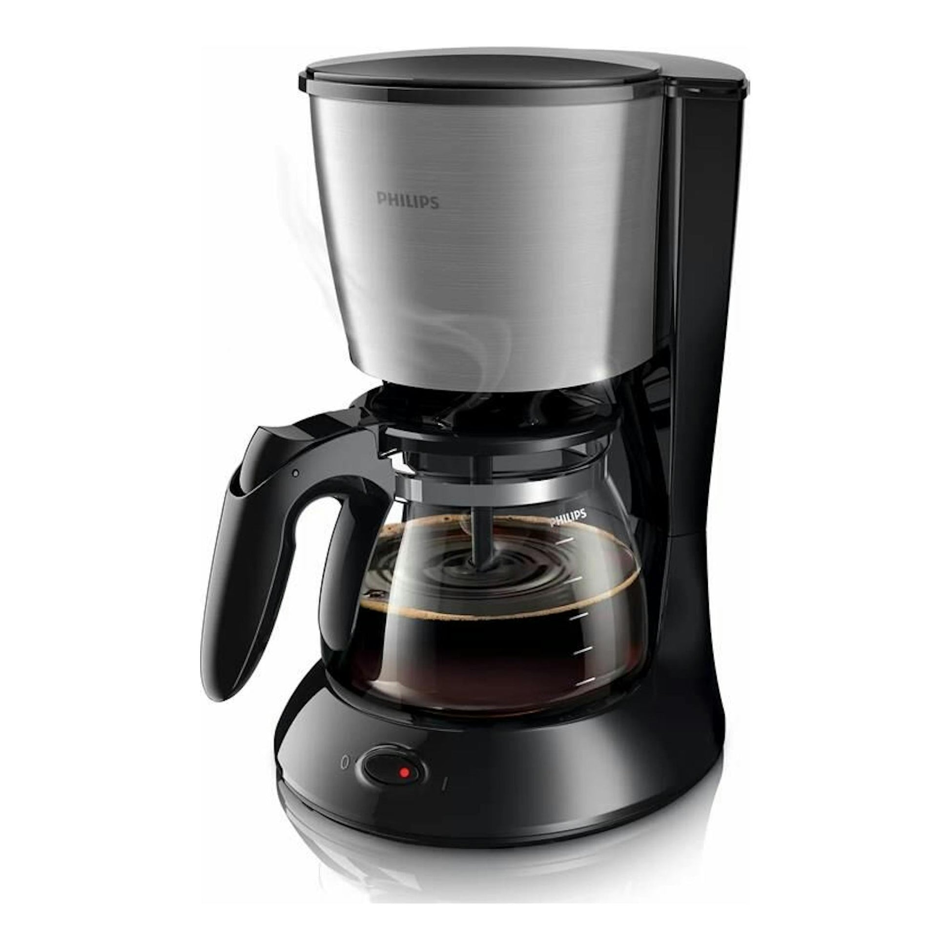 Cafetera de goteo Philips HD7462/20, vista frontal en tres cuartos, negra, con jarra de vidrio y depósito metálico.